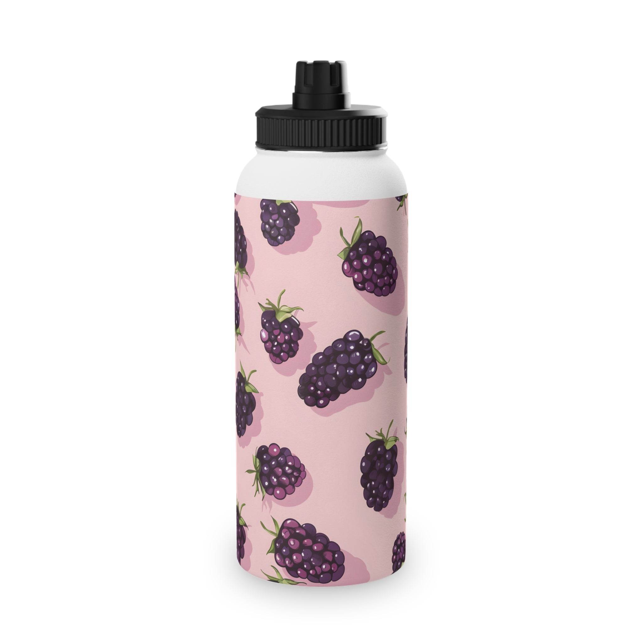 Printify stainless steel eco water bottle with blackberry pattern and black flip lid