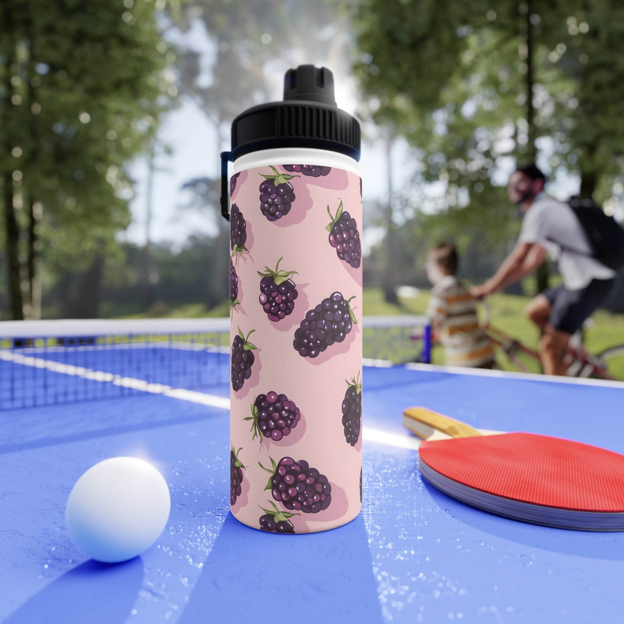 Printify stainless steel eco water bottle with blackberry design on blue ping pong table outdoors