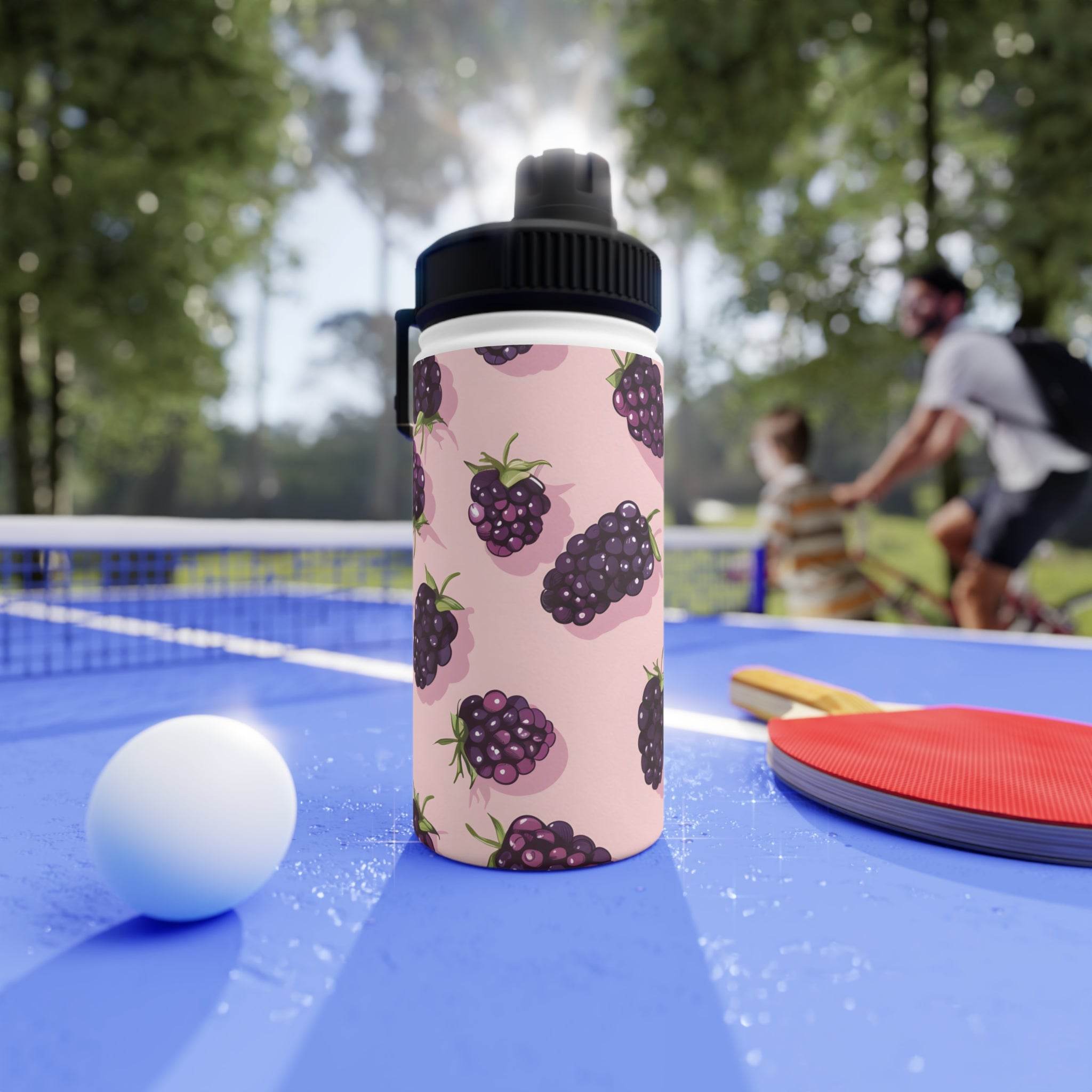 Printify stainless steel eco water bottle with blackberry design on blue ping pong table