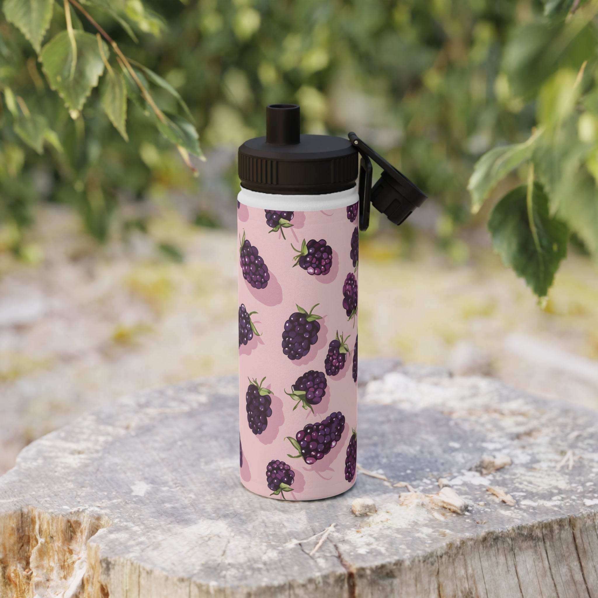 Printify stainless steel eco water bottle with blackberry design and black lid on wood surface outdoors