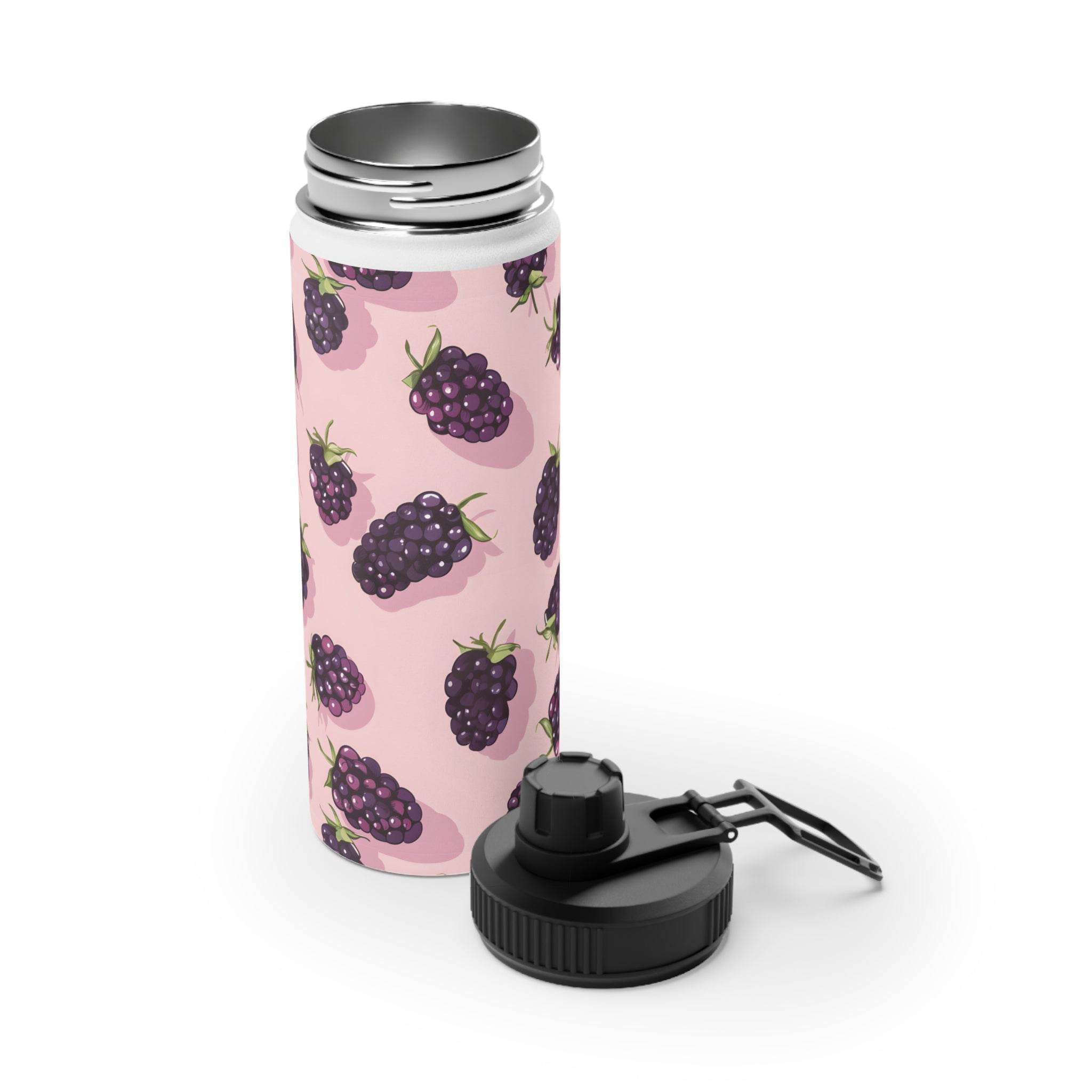 Pink stainless steel eco water bottle with blackberry design and black screw-on lid by Printify