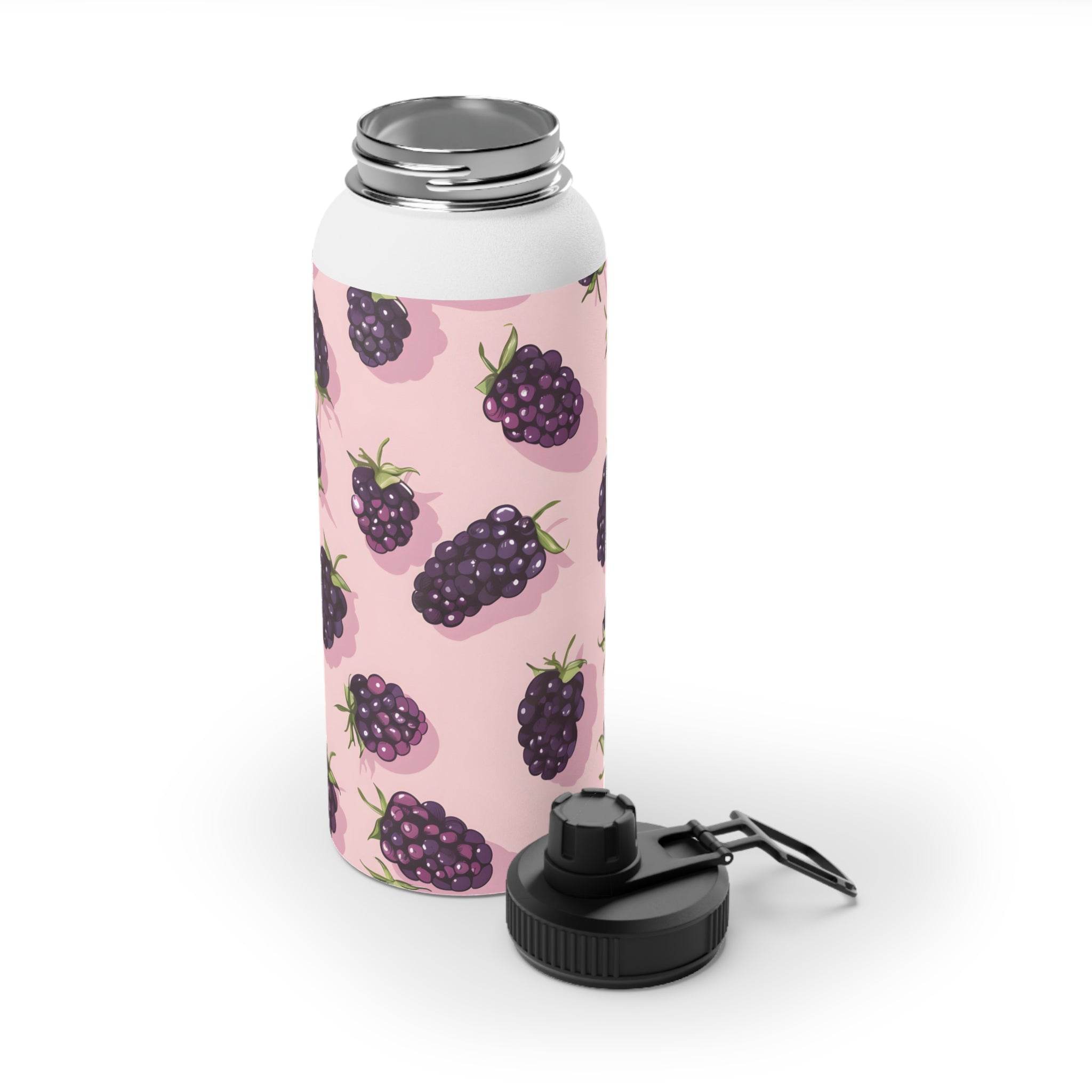Printify stainless steel eco water bottle with blackberry design and removable black lid