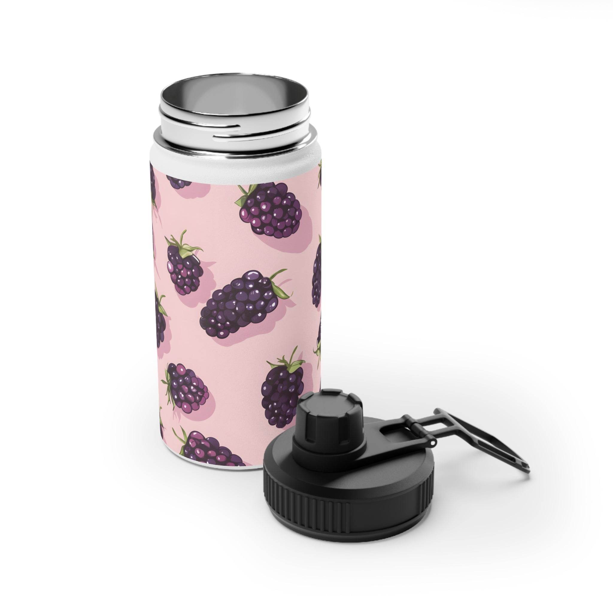 Printify stainless steel eco water bottle with blackberry design and black screw-on lid