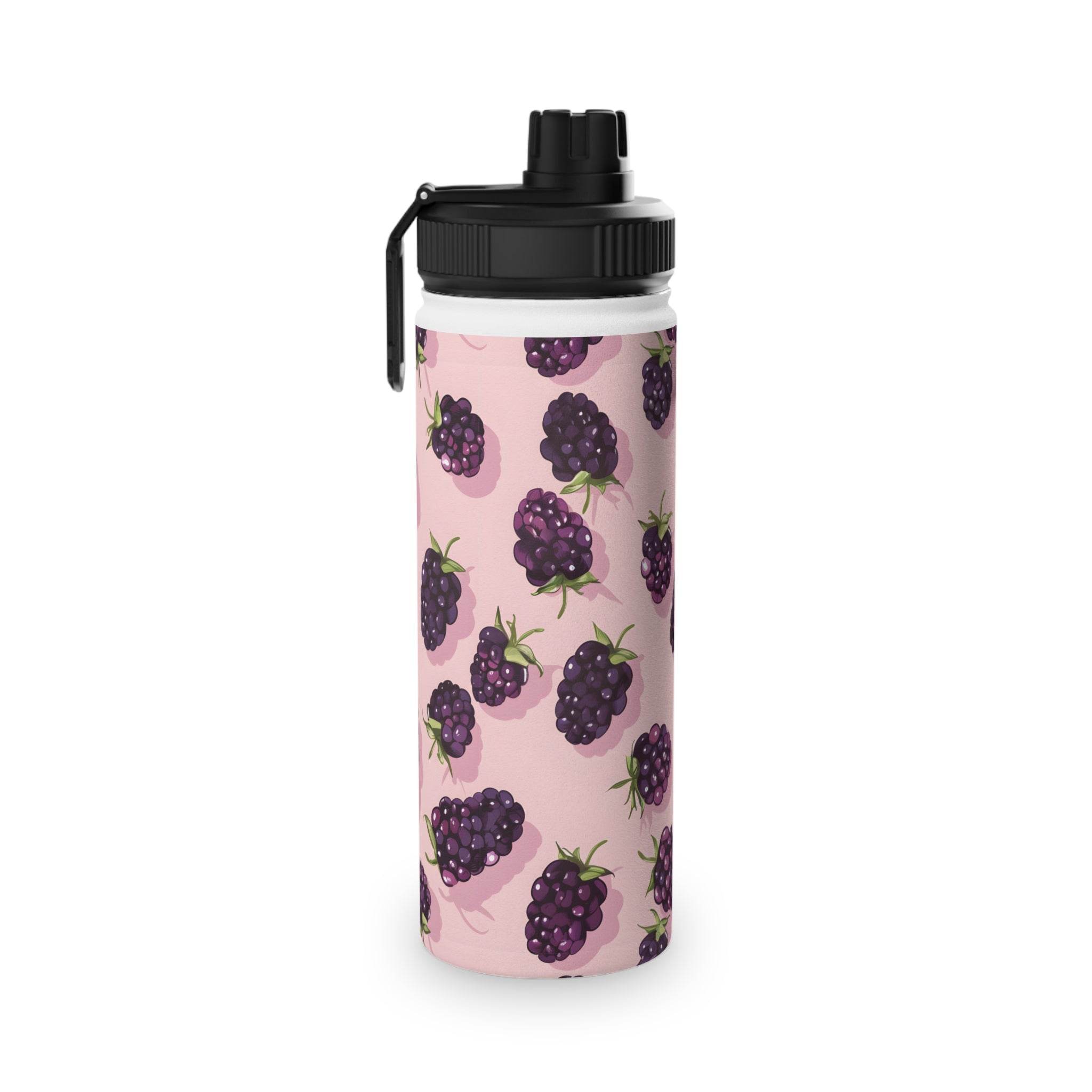 Printify stainless steel eco water bottle with blackberry pattern and black lid