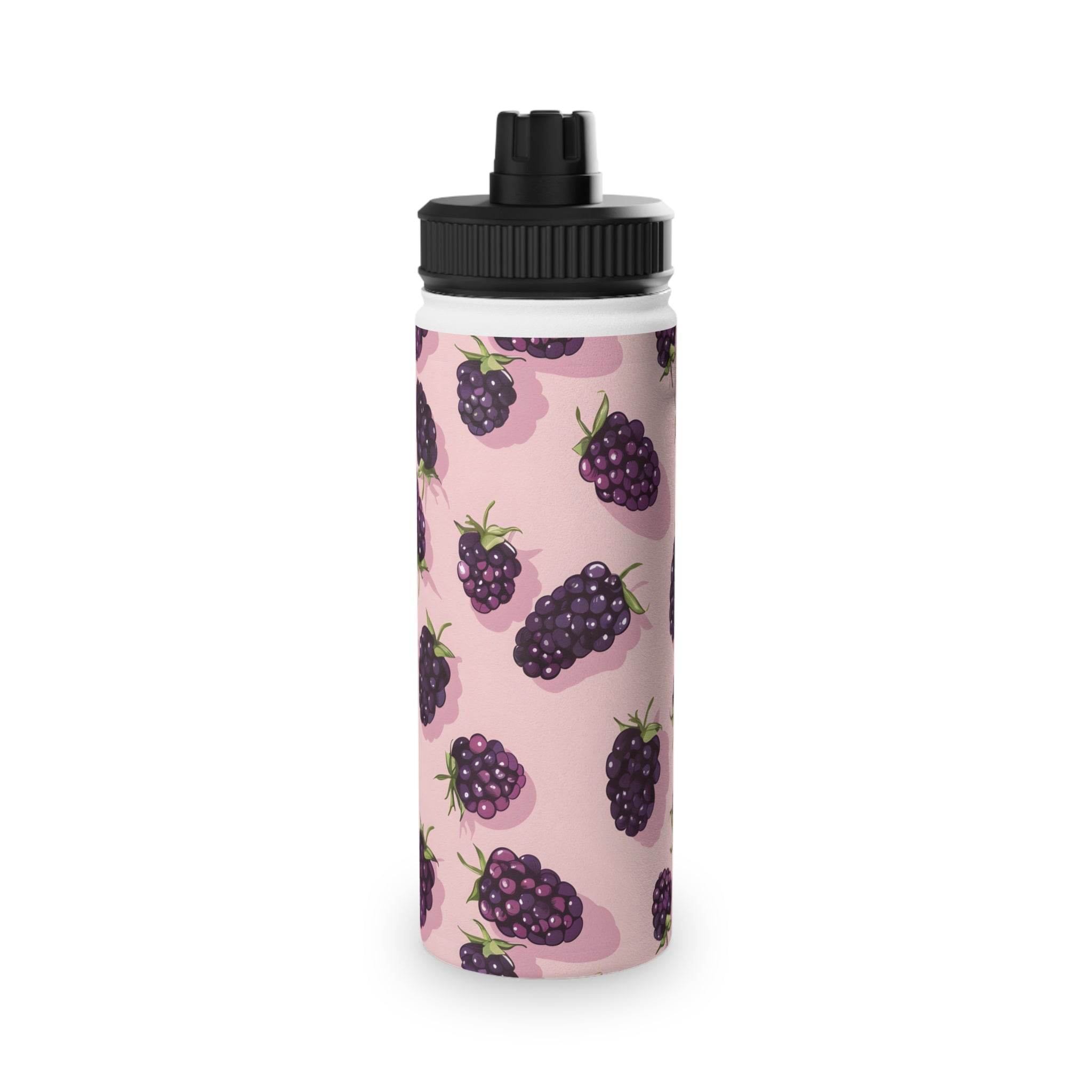 Printify stainless steel eco water bottle with blackberries pattern and black lid for reusable hydration