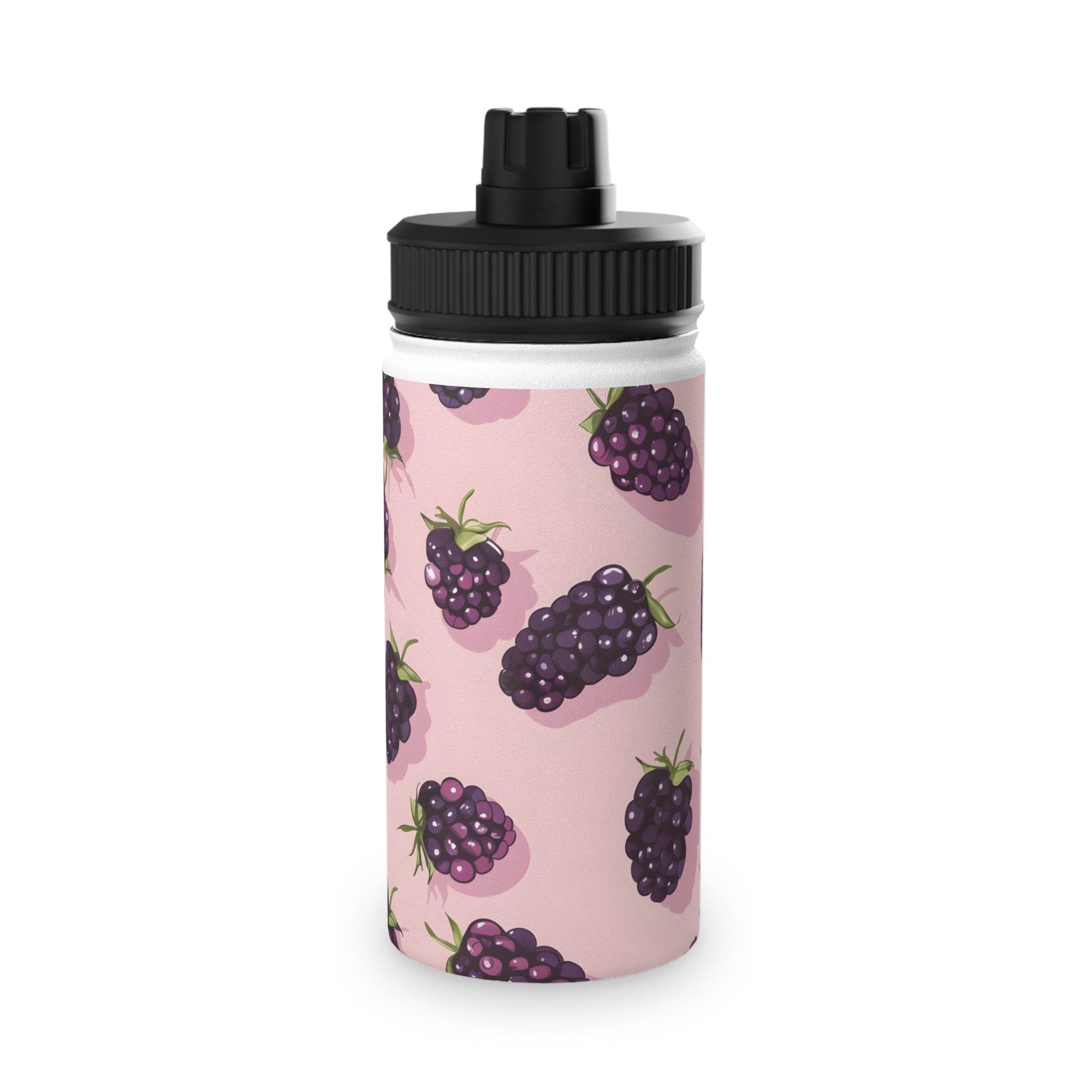 Printify stainless steel eco water bottle with blackberries design and black screw-on lid