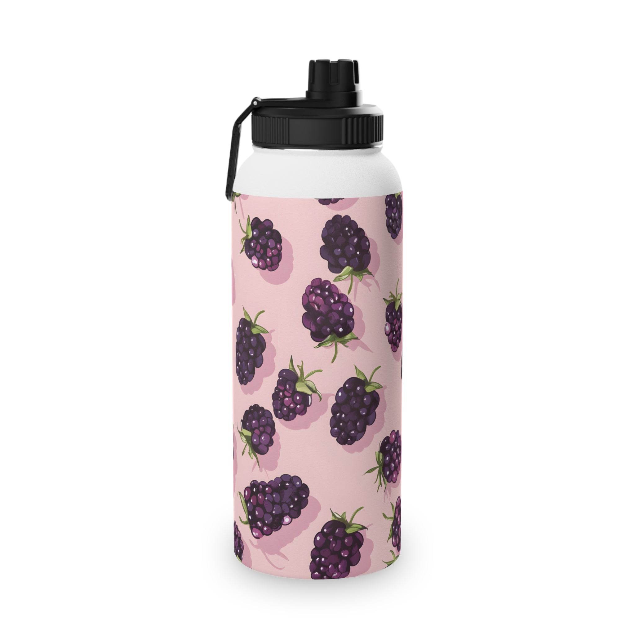 Printify stainless steel eco water bottle with blackberries design and black flip cap