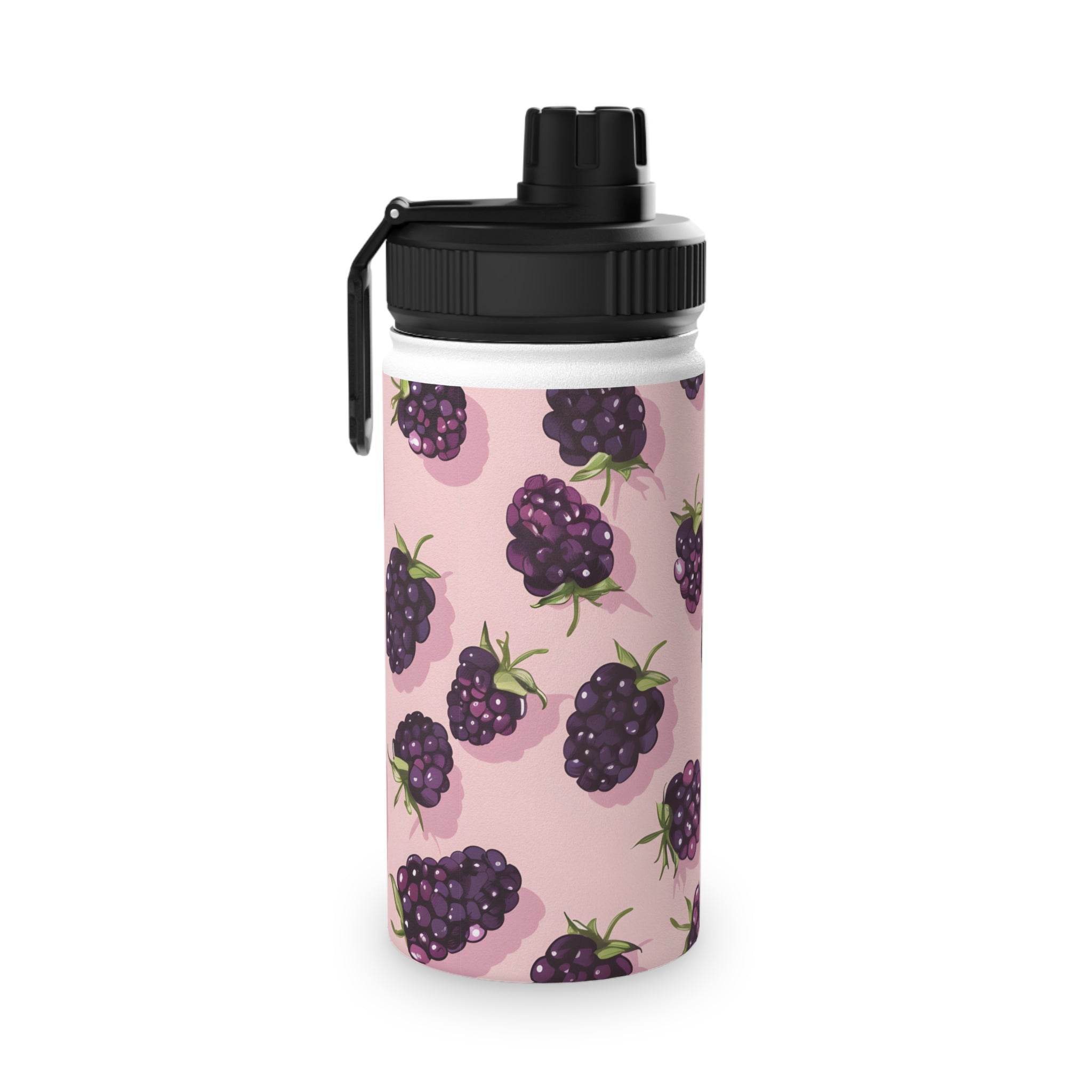 Printify stainless steel eco water bottle with blackberries design and black flip-top lid