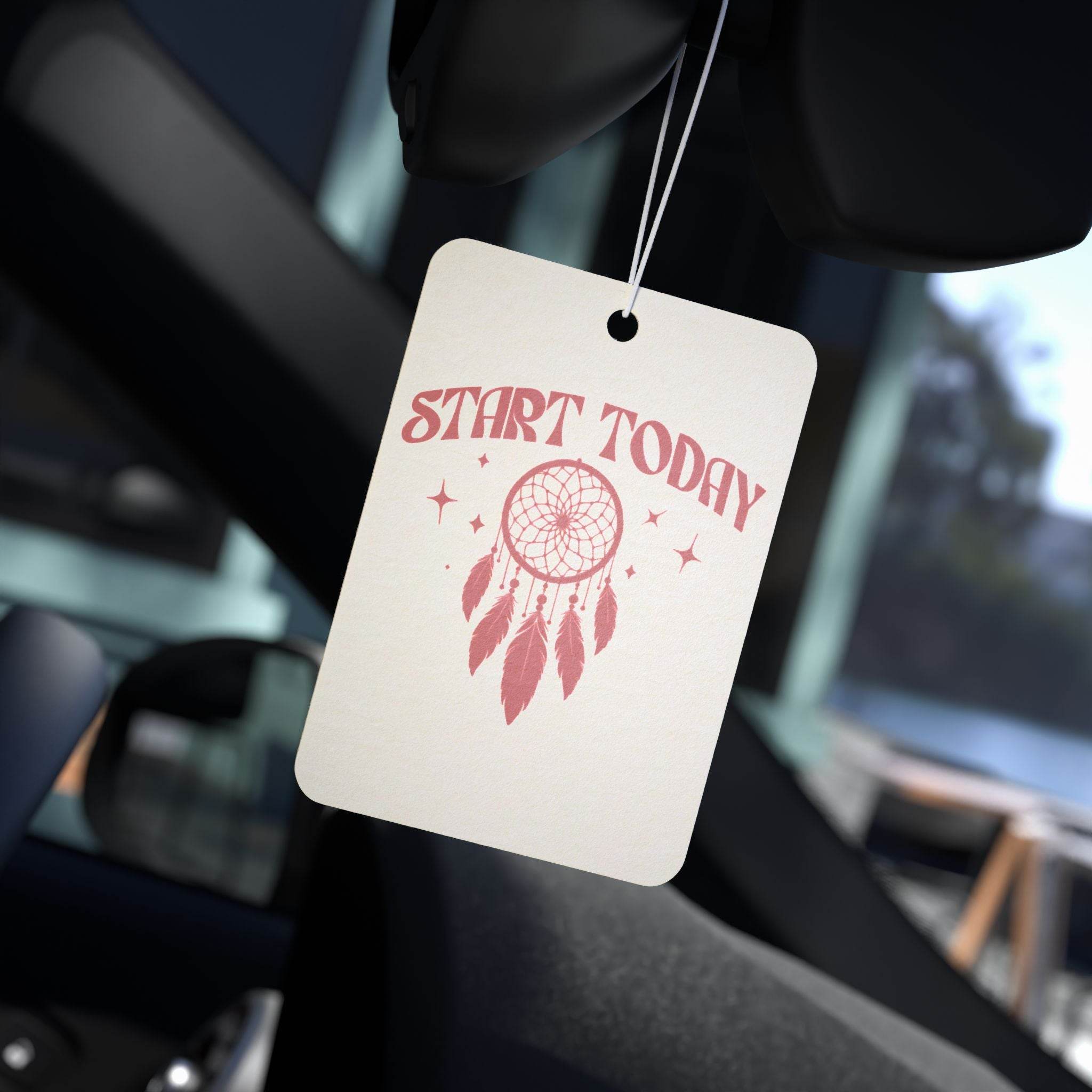 Printify eco-friendly car air freshener with dreamcatcher design and Start Today text hanging inside car