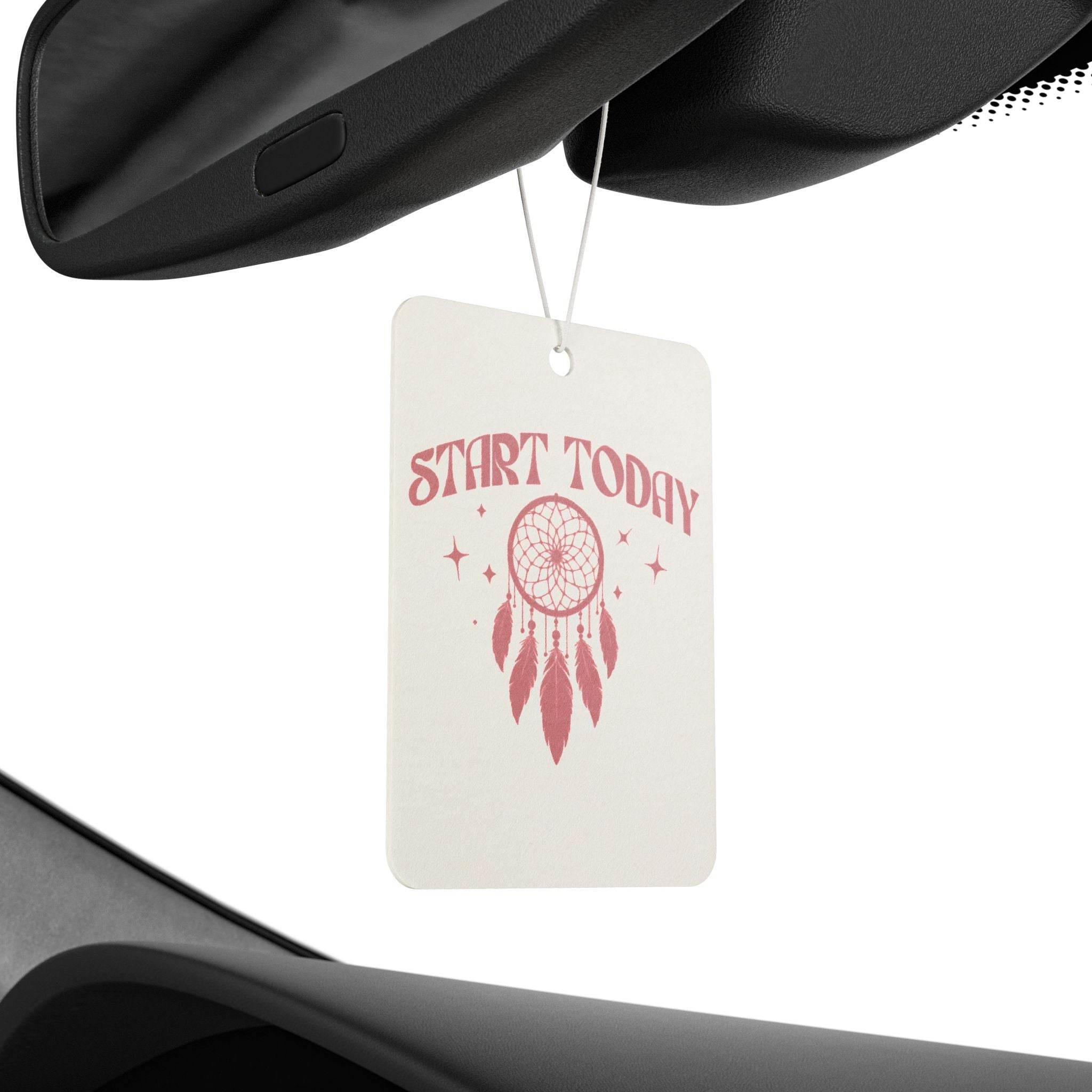 Printify eco-friendly car air freshener hanging from rearview mirror with start today dreamcatcher design