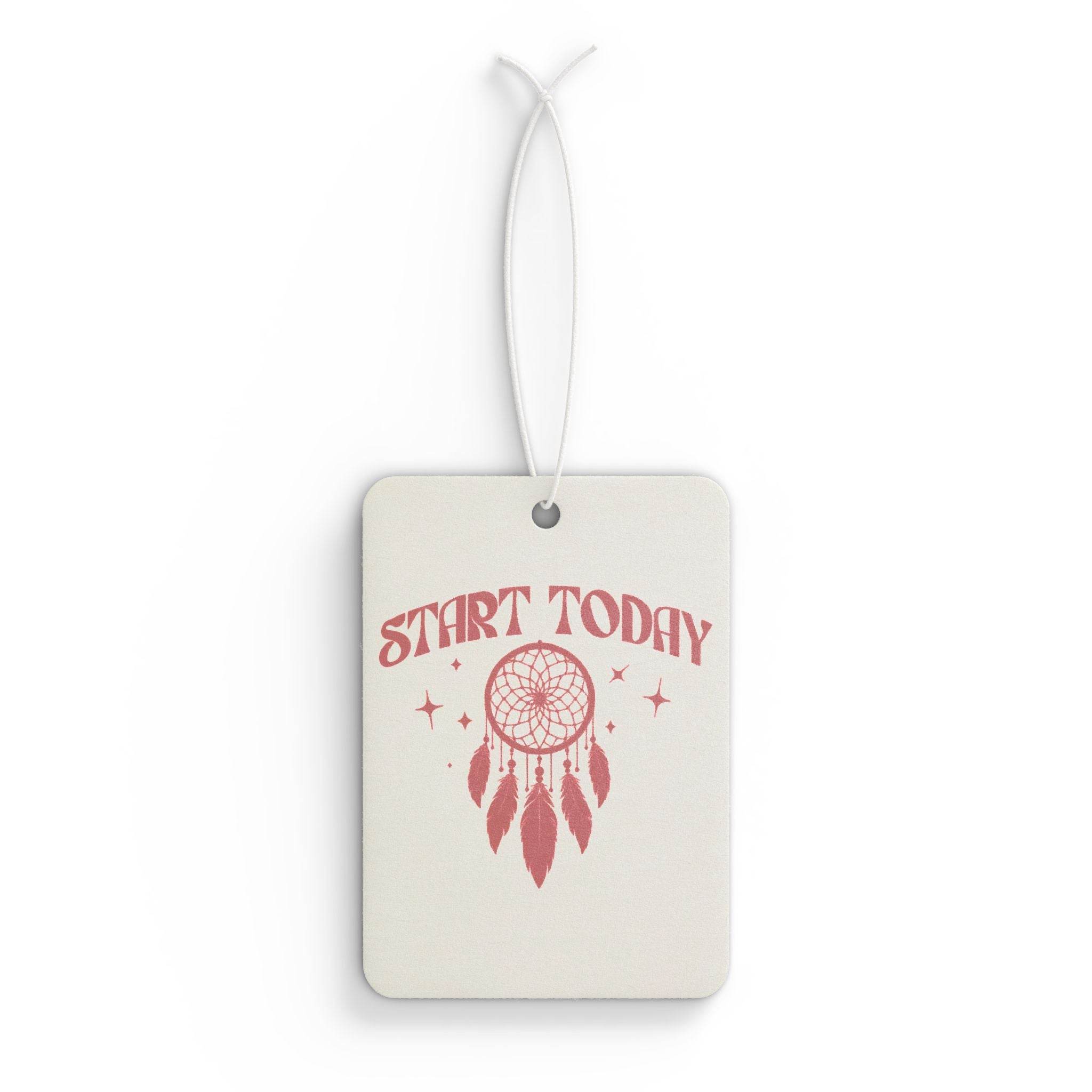 Printify eco-friendly car air freshener with Start Today text and dreamcatcher design
