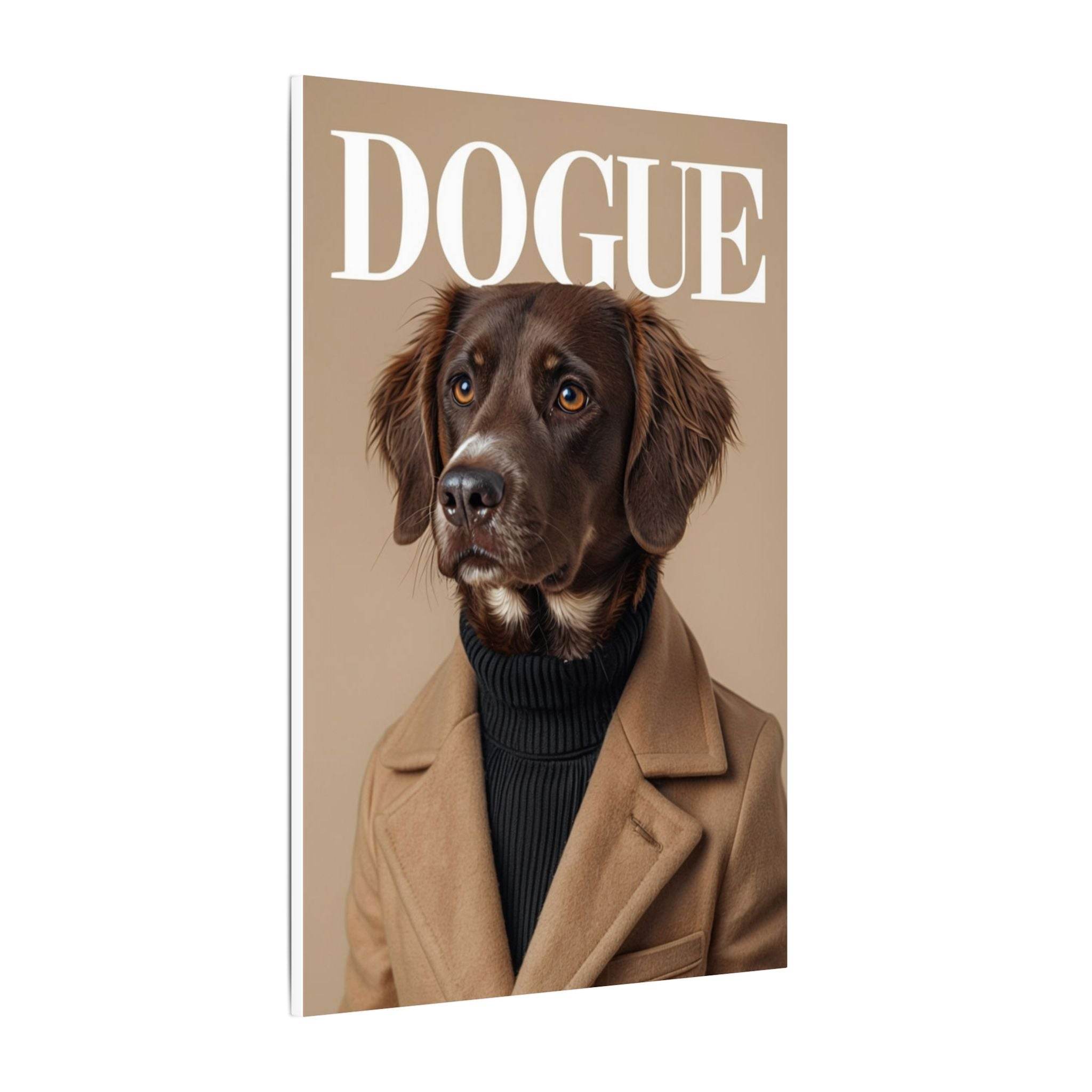 Printify canvas showing eco-friendly dog art print of a stylish brown dog in coat and turtleneck