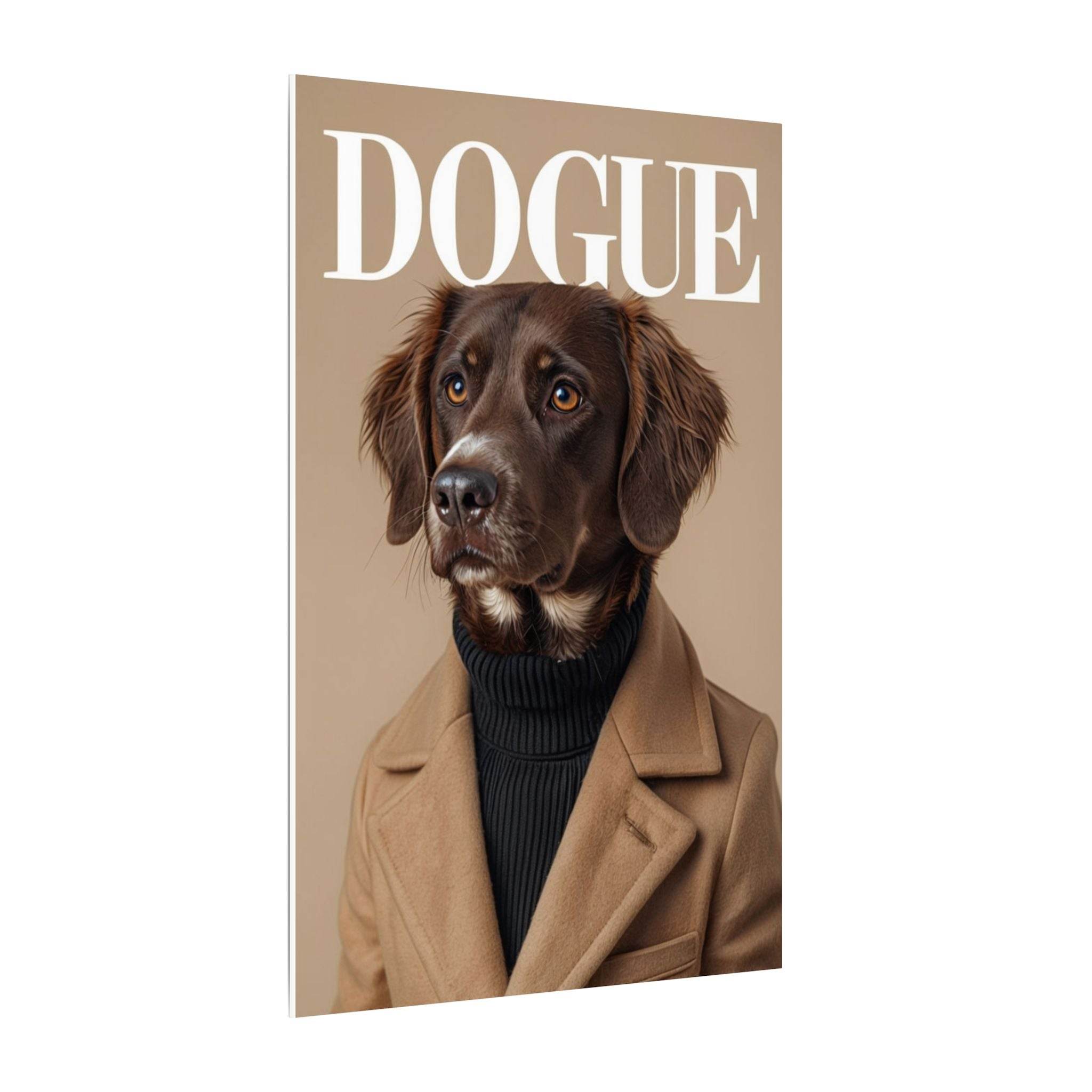 Printify canvas showing stylish brown dog portrait in coat and turtleneck magazine style eco-friendly dog art print for wall decor