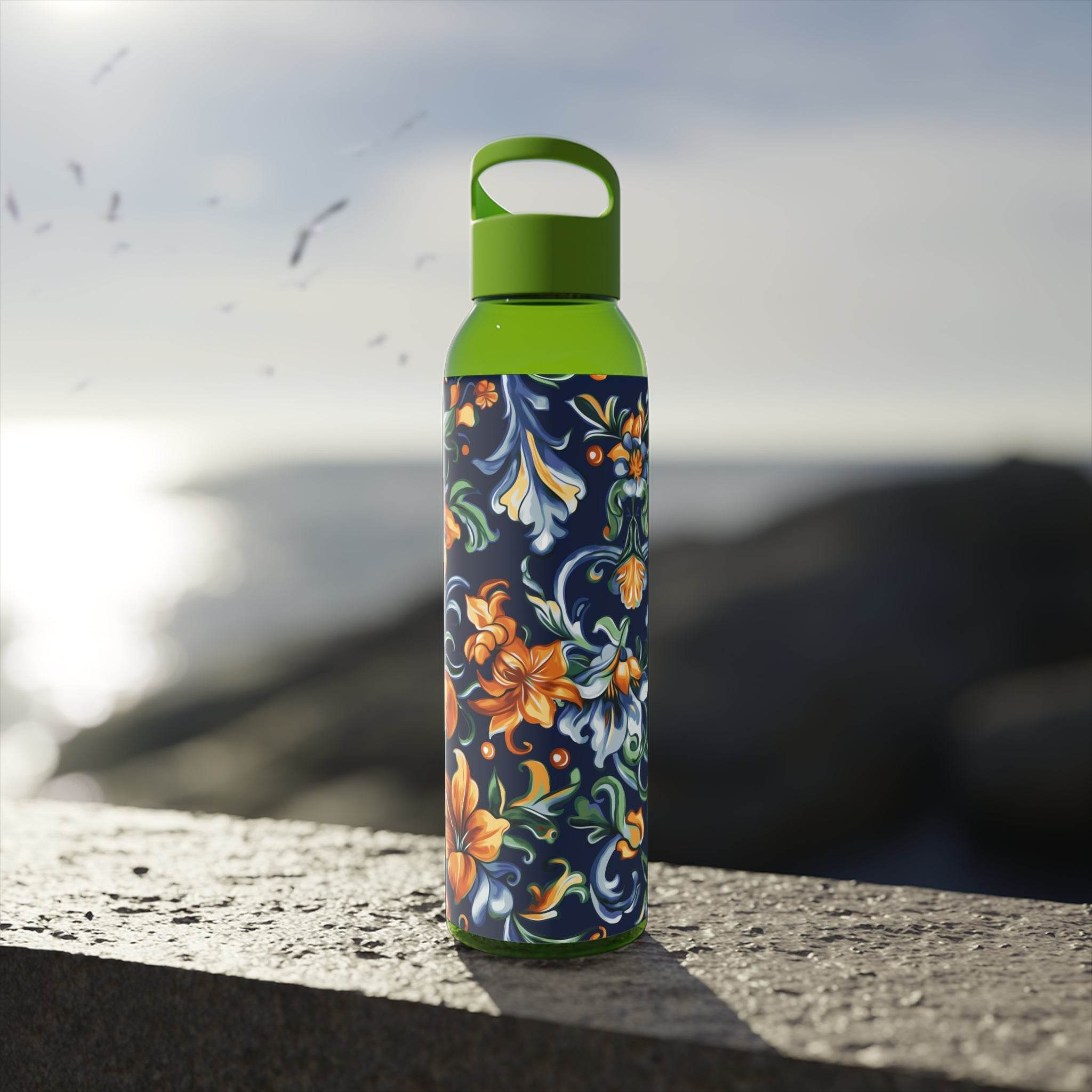 Printify stylish eco water bottle with green lid and floral pattern on outdoor stone surface
