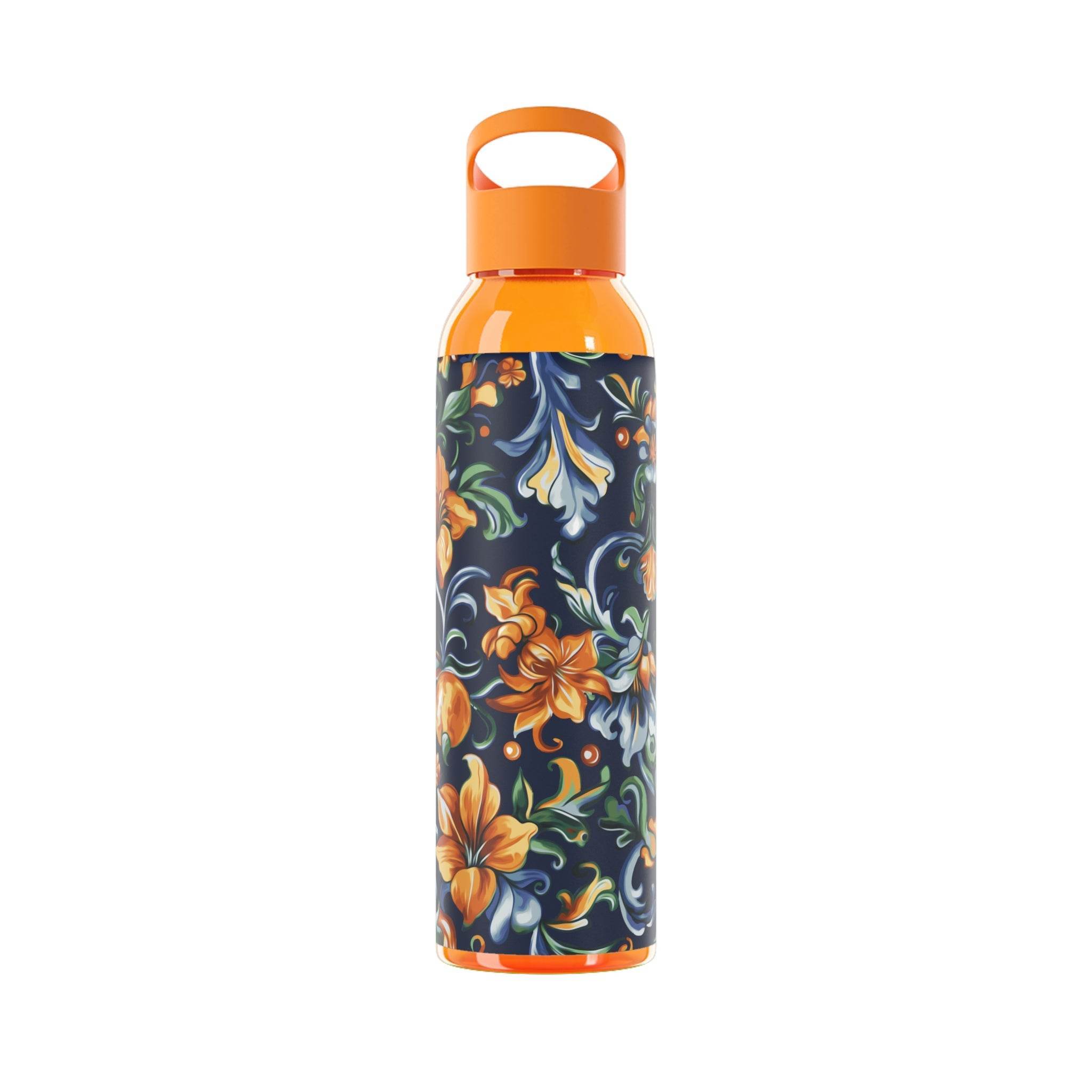 Printify stylish eco water bottle with orange lid and floral patterned body for reusable hydration