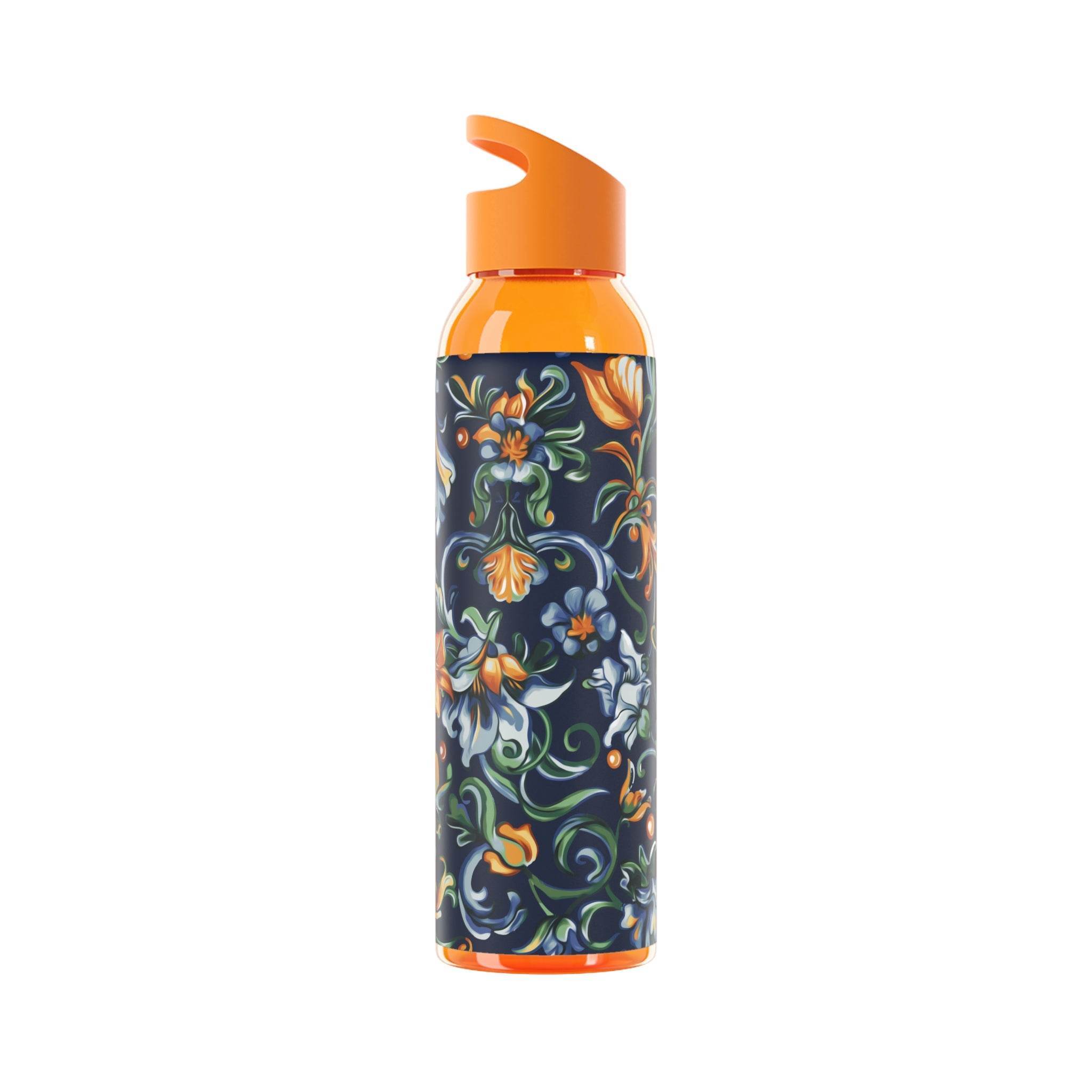 Printify stylish eco water bottle with vibrant floral design and orange cap for sustainable hydration