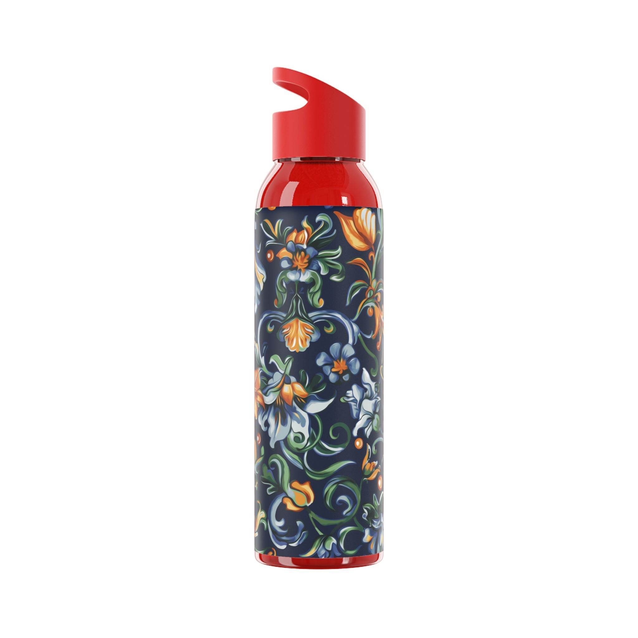 Printify stylish eco water bottle with red lid and colorful floral design on dark background