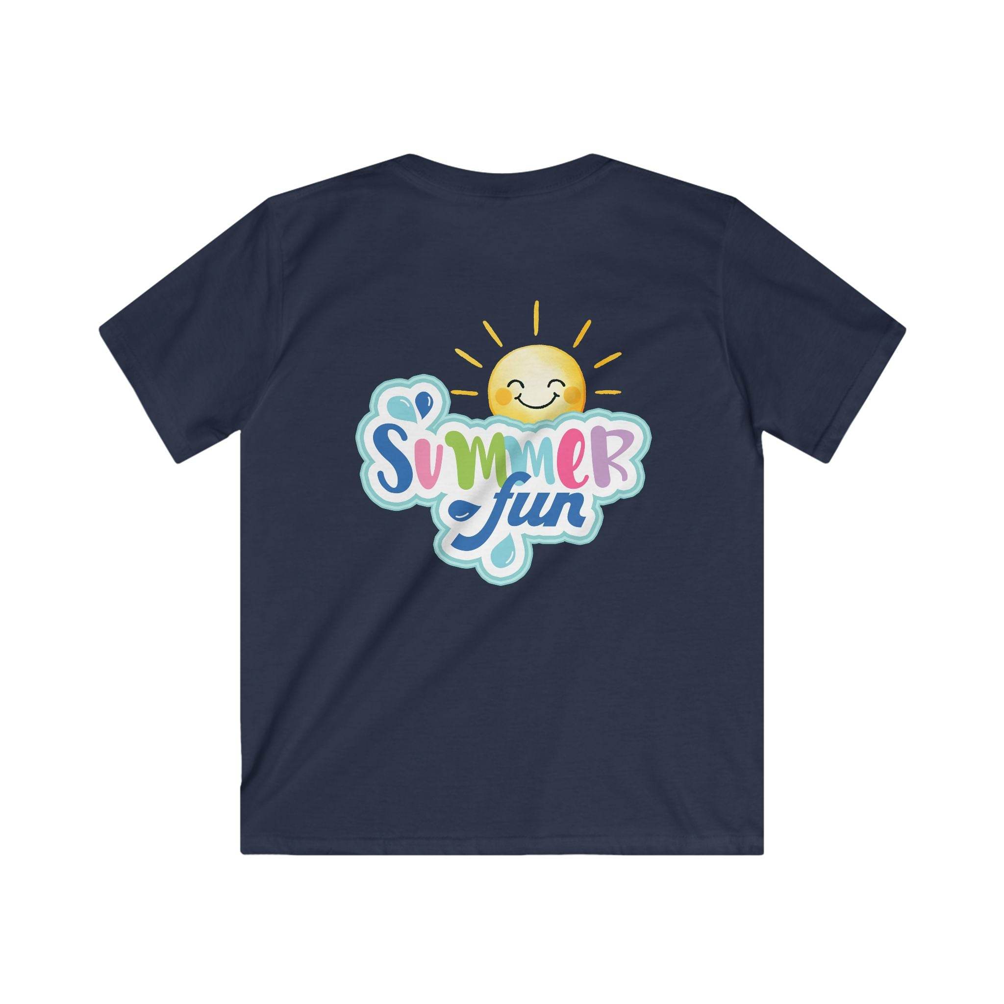 Printify eco-friendly kids t-shirt in navy with colorful summer fun sun graphic on back