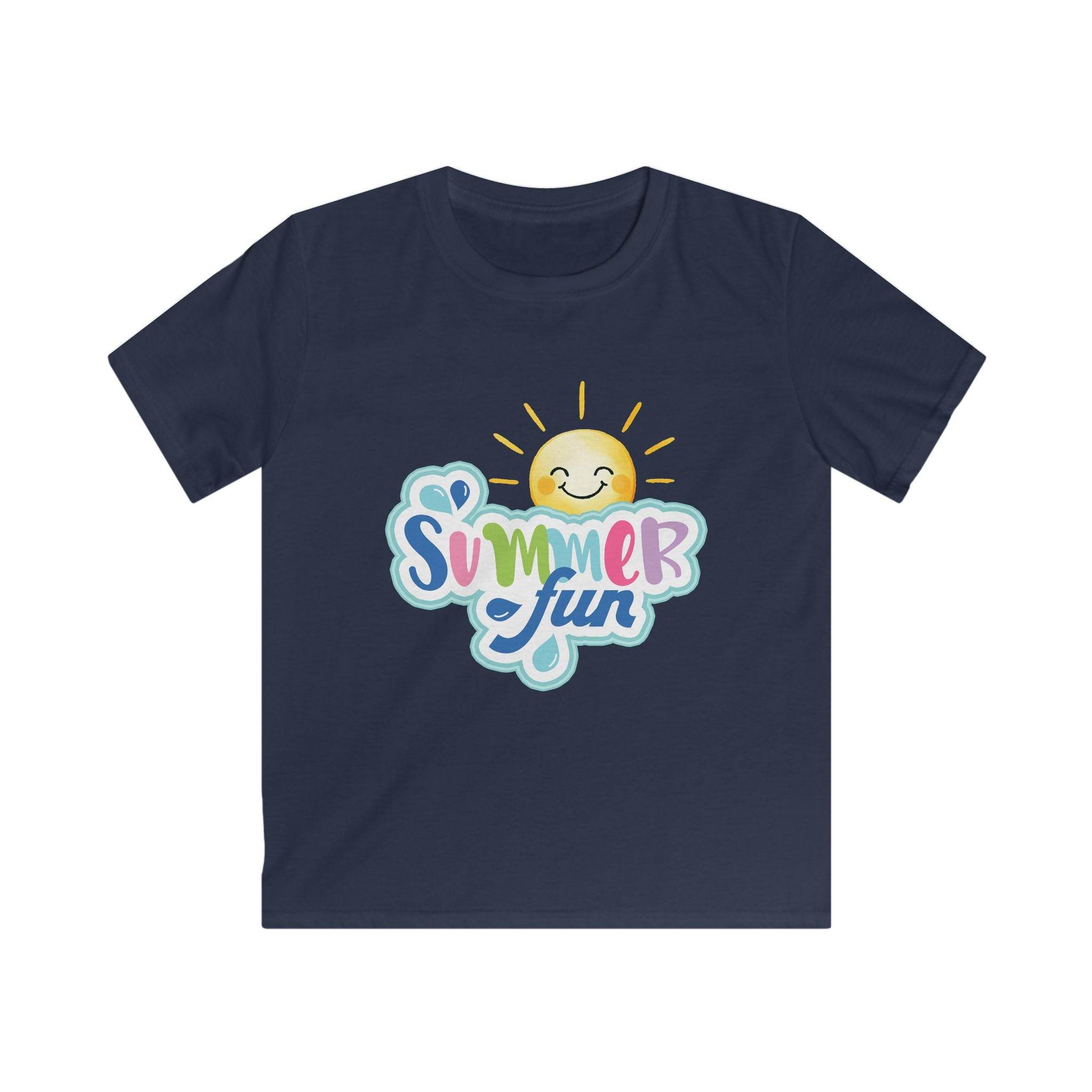 Printify eco-friendly kids t-shirt in navy with colorful summer fun design and smiling sun