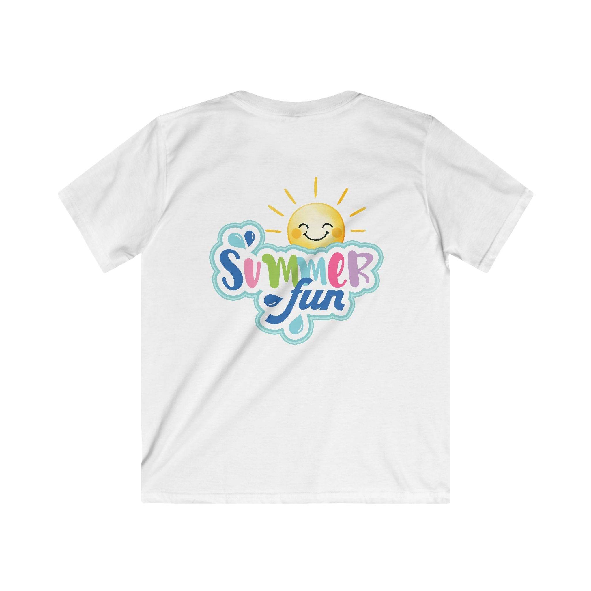 White Printify eco-friendly kids t-shirt with colorful summer fun sun graphic on back