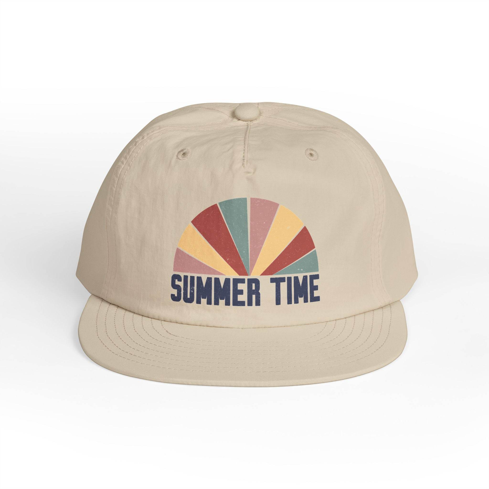 Beige eco-friendly surf cap by Printify with colorful retro summer time design on front