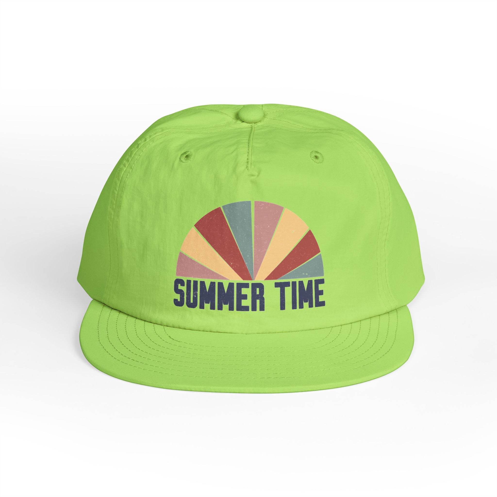 Bright green eco-friendly surf cap with colorful summer time graphic on front from Printify