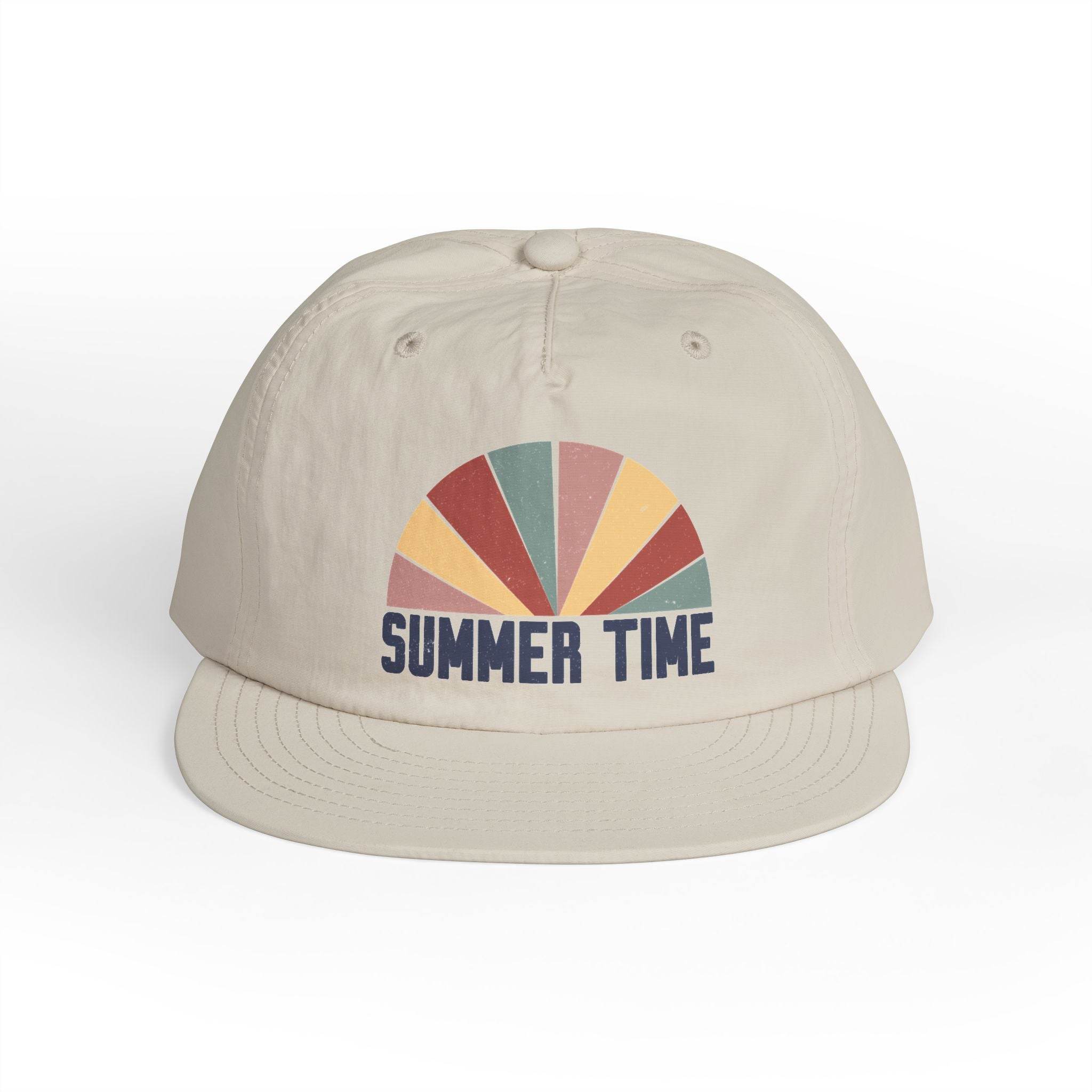 Printify eco-friendly surf cap with summer time graphic in muted colors on beige hat
