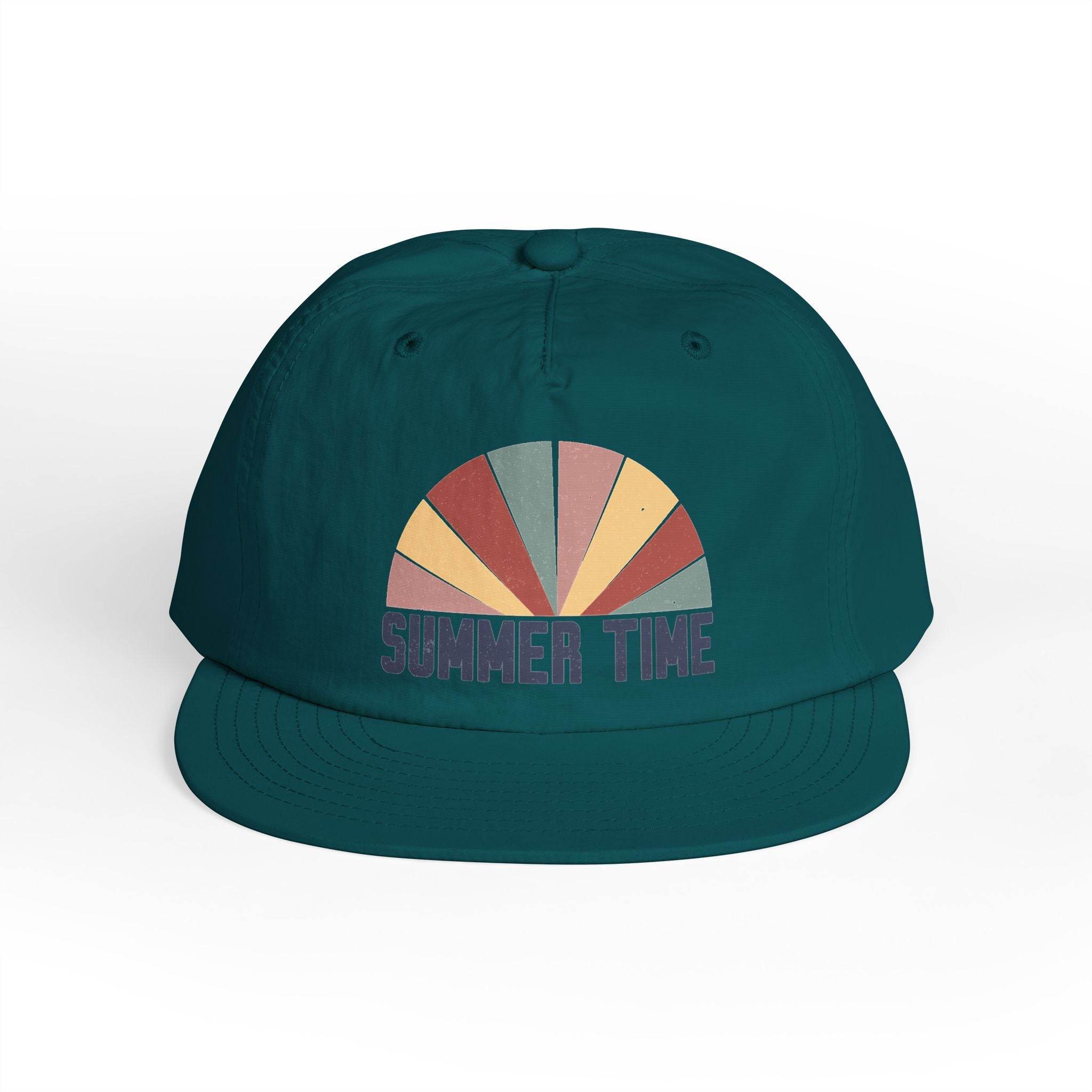Printify eco-friendly surf cap in dark teal with retro summer time graphic on front