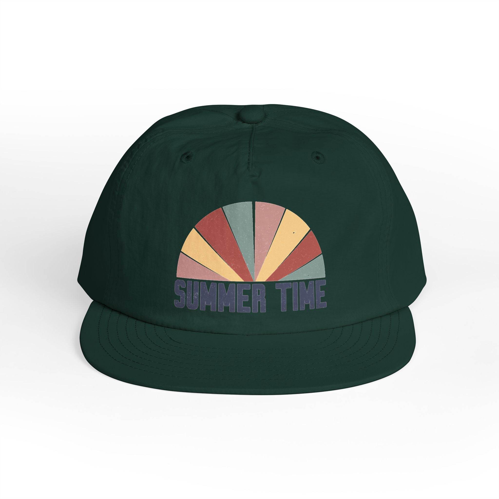 Printify eco-friendly surf cap in dark green with colorful summer time graphic on front