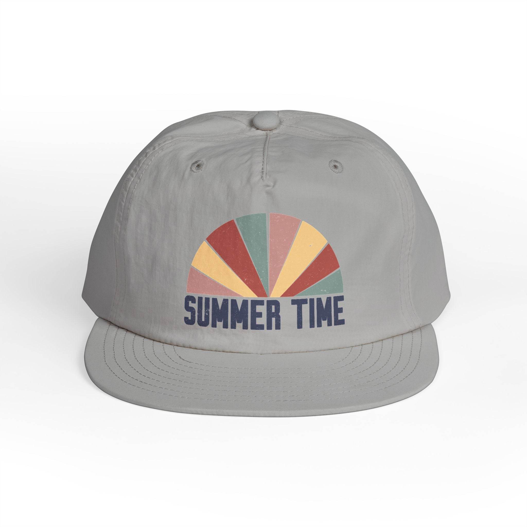 Printify eco-friendly surf cap with retro sun graphic and summer time text in muted colors