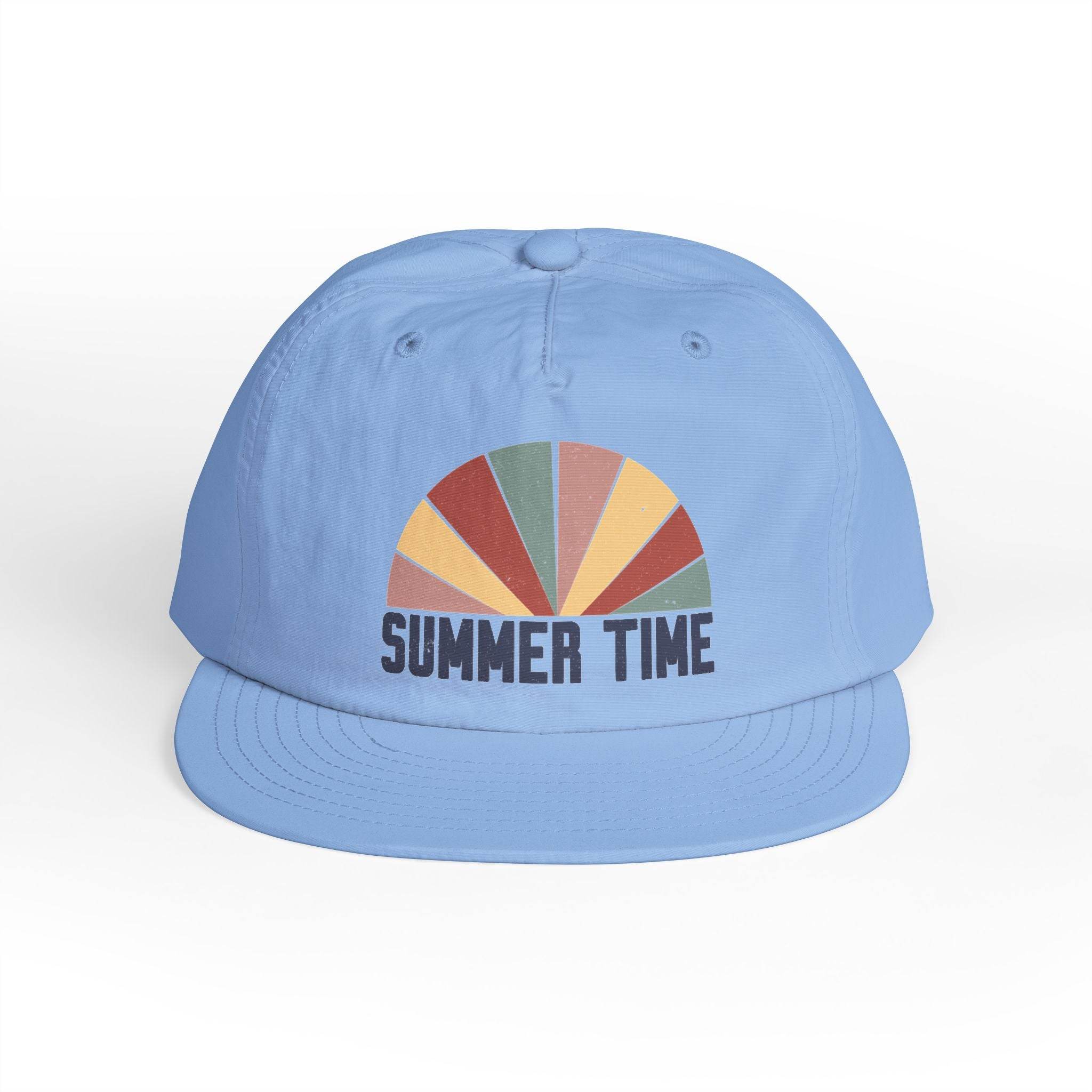 Printify eco-friendly surf cap in light blue with colorful summer time graphic on front