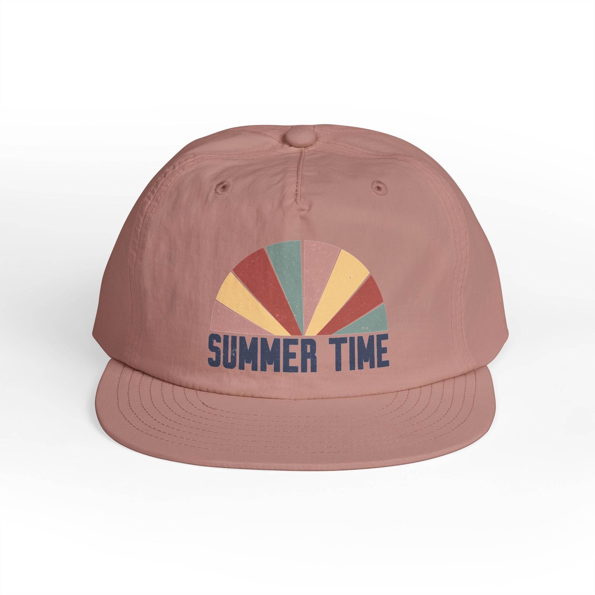 Printify eco-friendly surf cap in muted pink with colorful summer time graphic on front