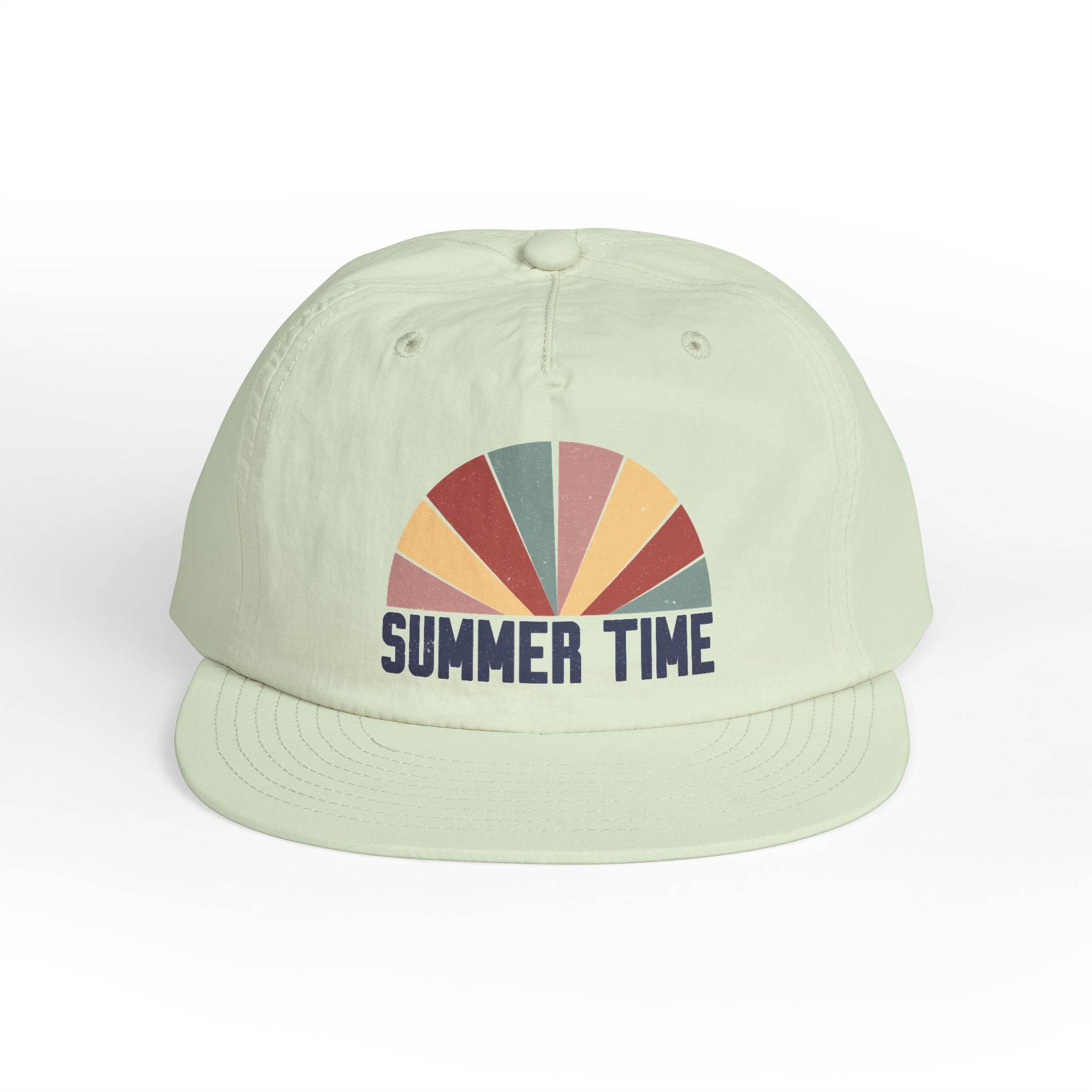 Printify eco-friendly surf cap with colorful summer time design on light green hat