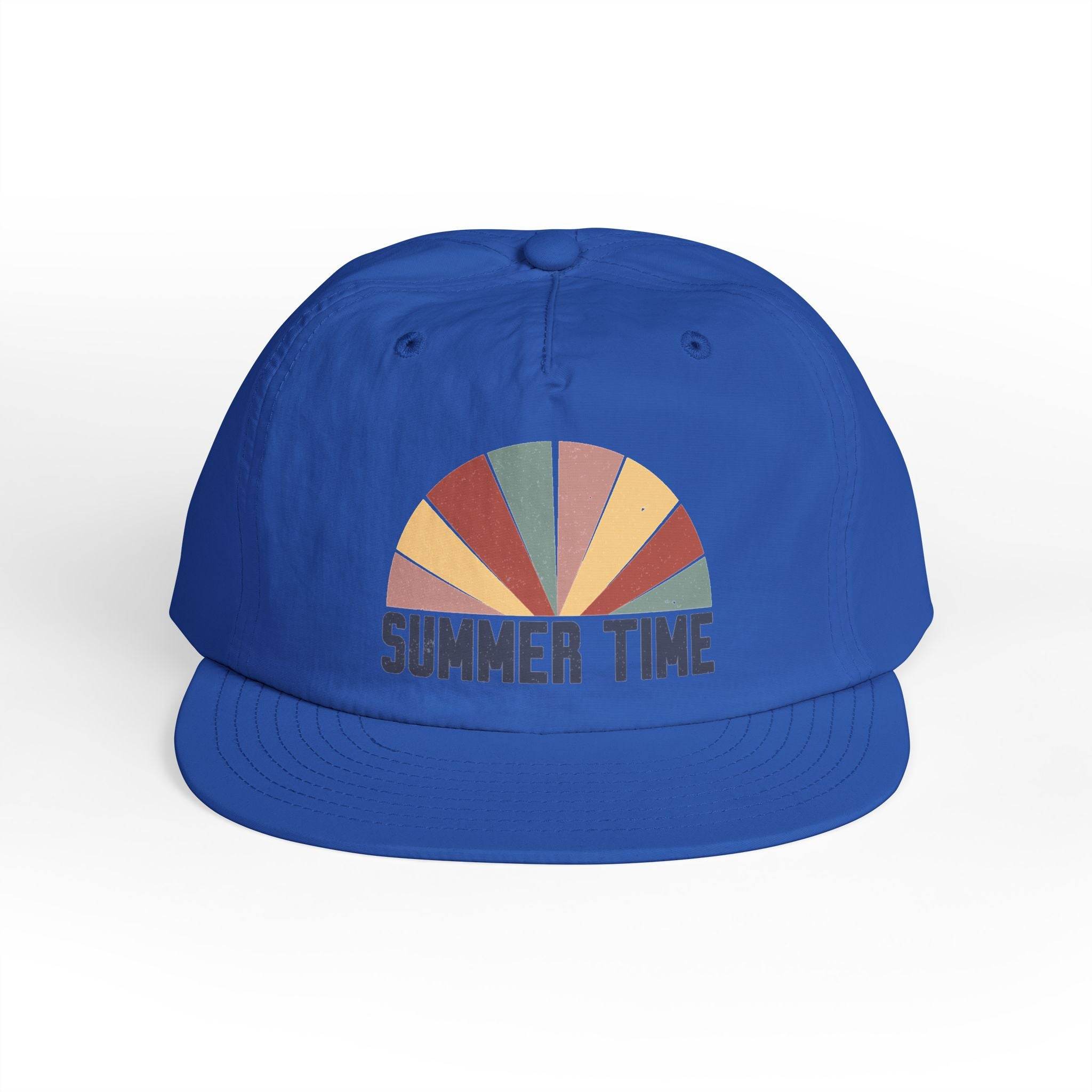 Blue eco-friendly surf cap with colorful semicircle design and summer time text from Printify