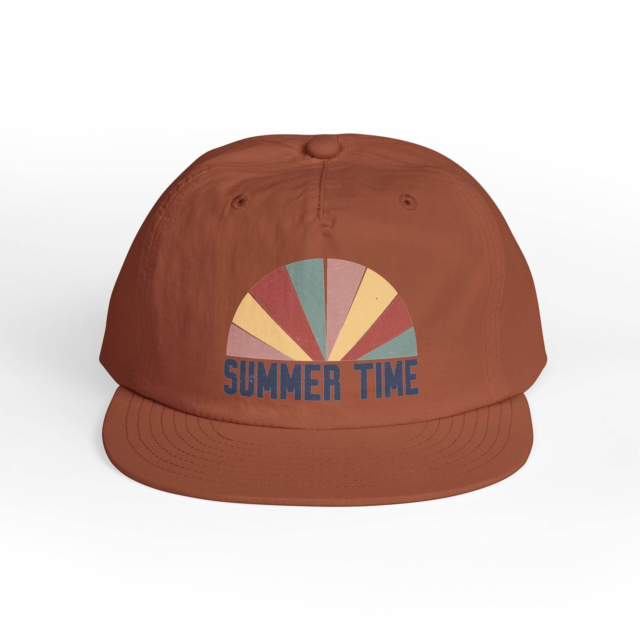Printify eco-friendly surf cap in brown with colorful summer time graphic on front