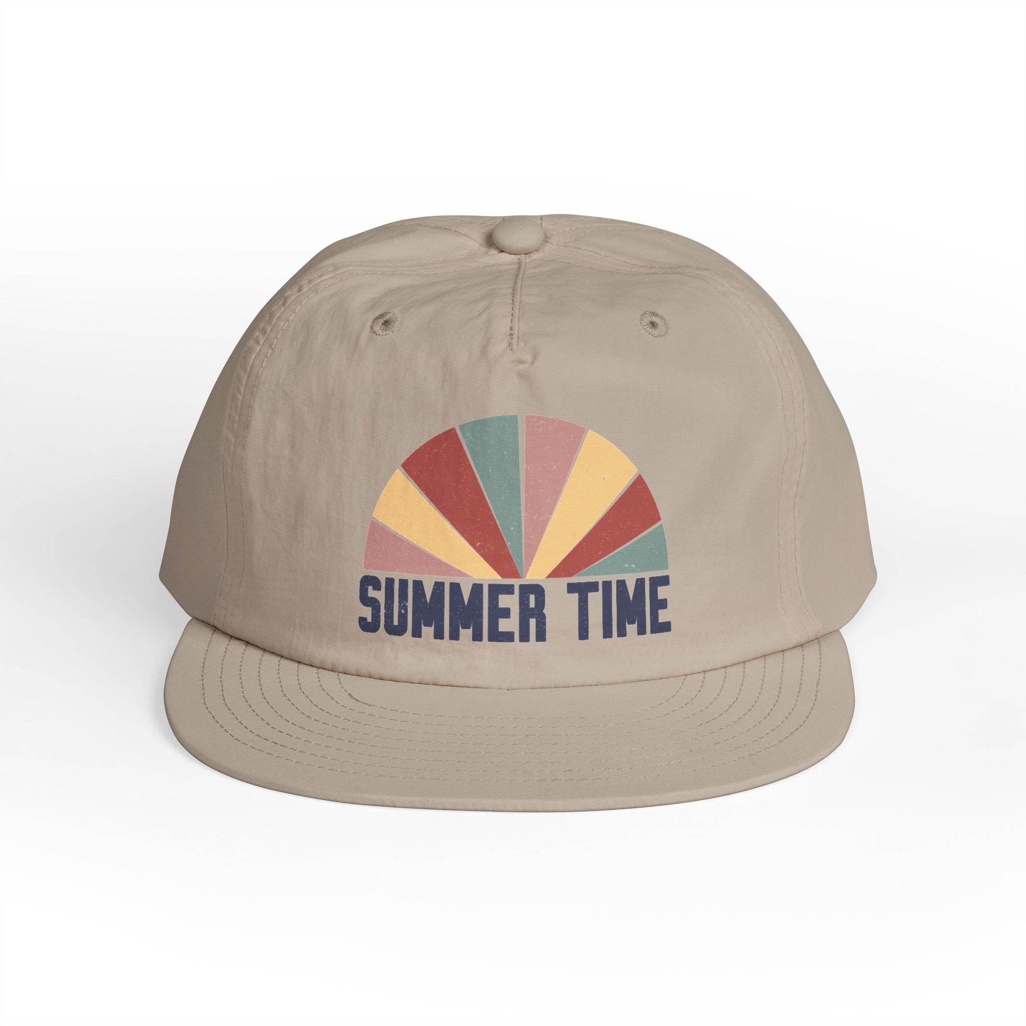 Printify eco-friendly surf cap in beige with colorful summer time graphic on front