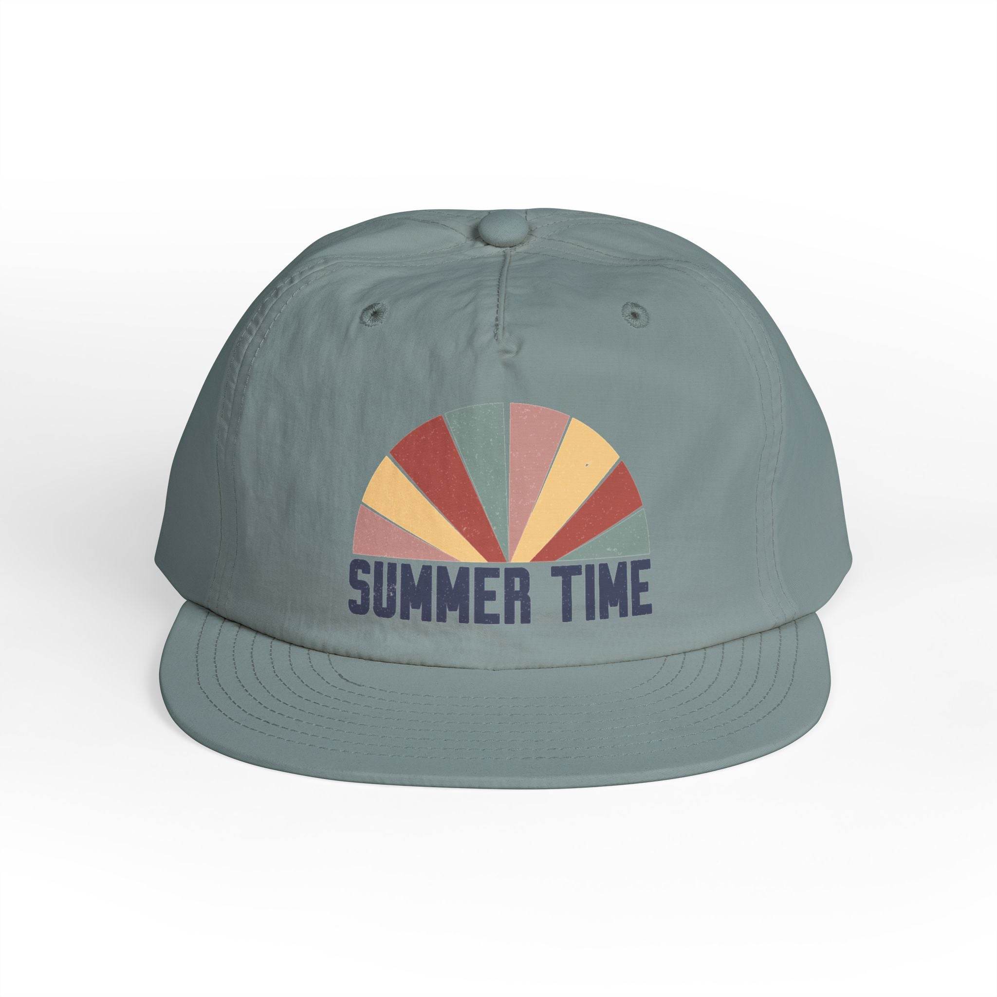 Printify eco-friendly surf cap in muted blue with colorful summer time graphic design