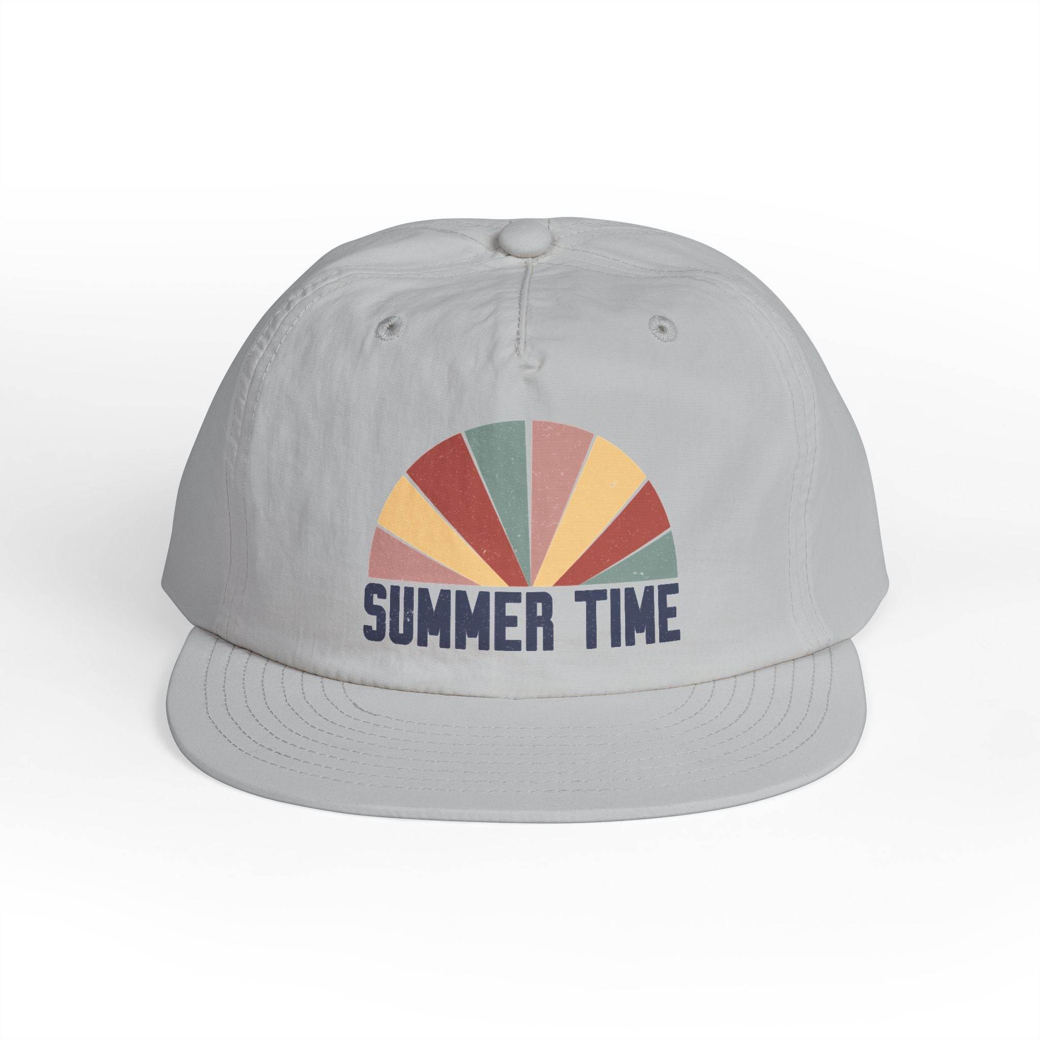 White eco-friendly surf cap with colorful retro sun graphic and Summer Time text by Printify