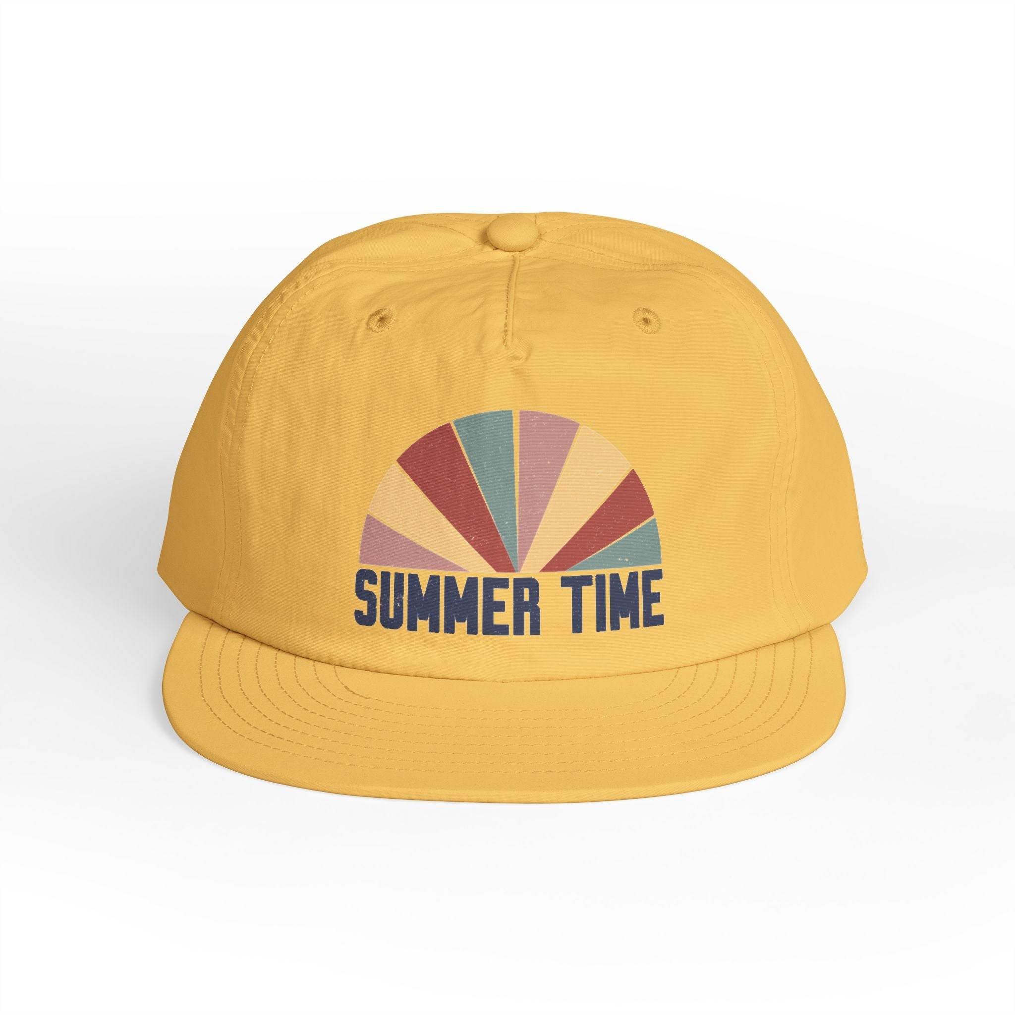 Yellow eco-friendly surf cap with colorful summer time graphic from Printify