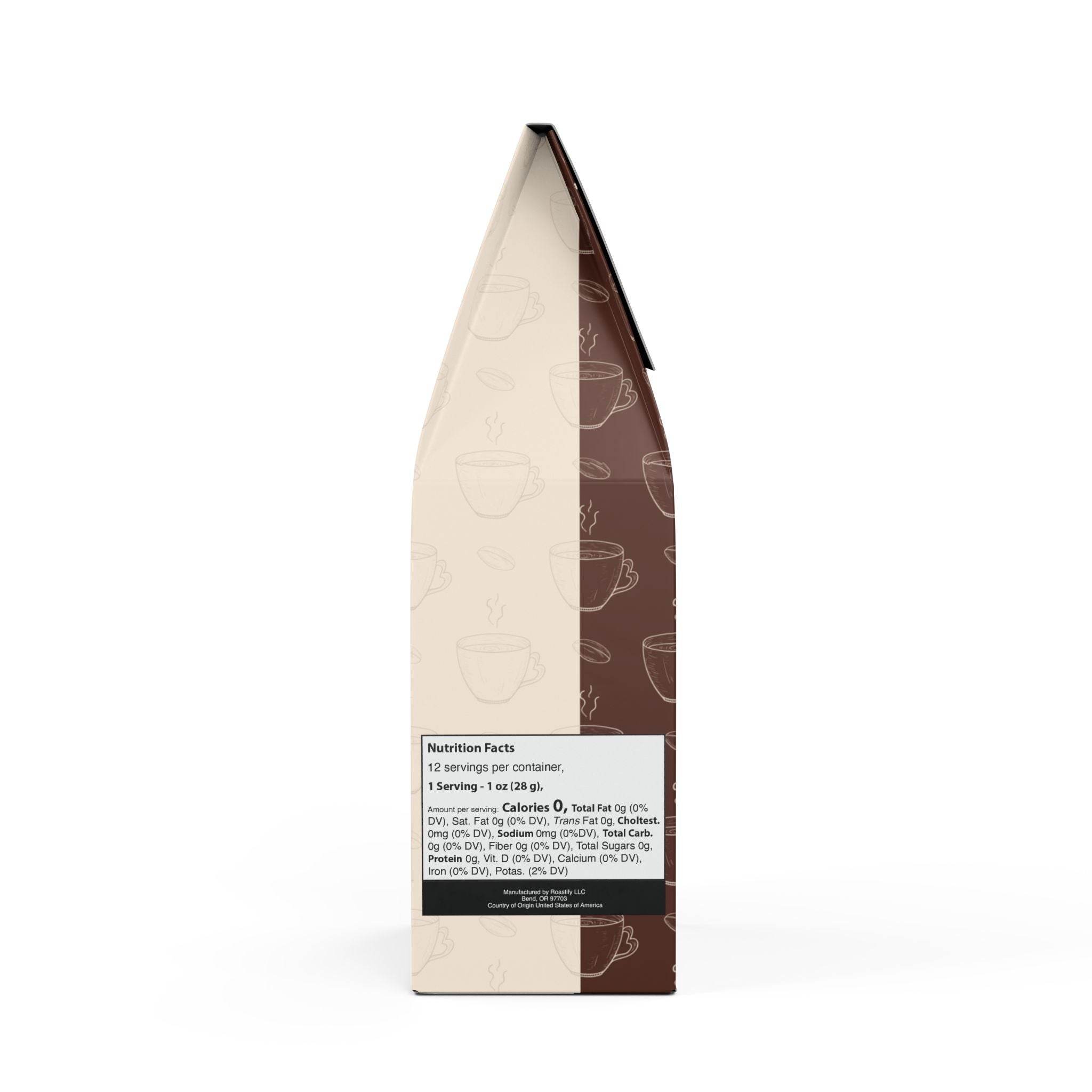 Printify coffee bag side view with Nutrition Facts, Ethically Sourced Medium Roast coffee packaging