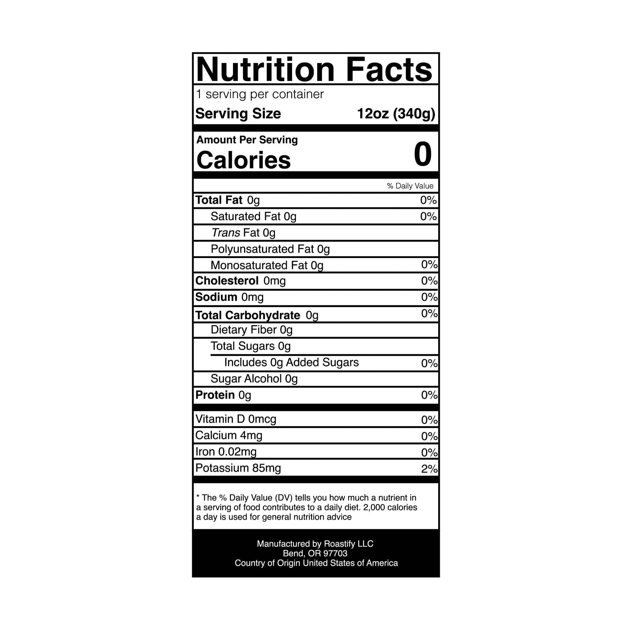 Printify Coffee Nutrition Facts label showing zero calories and essential nutrients for Ethically Sourced Medium Roast