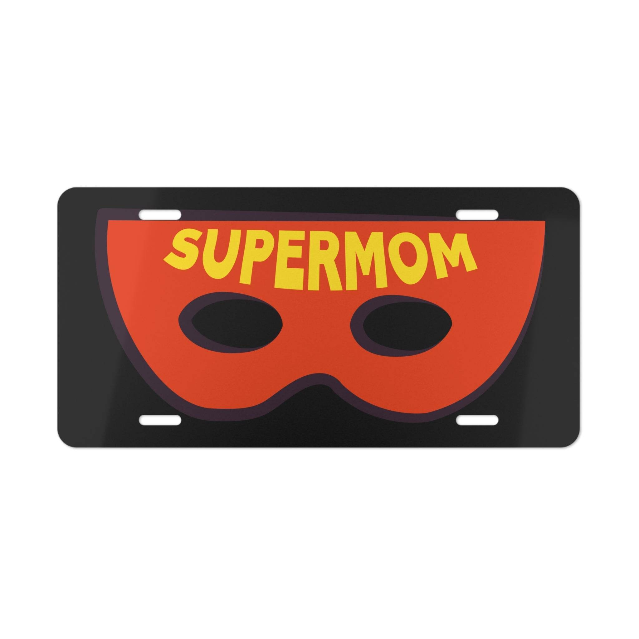 Printify Supermom vanity plate featuring a red superhero mask design with yellow text