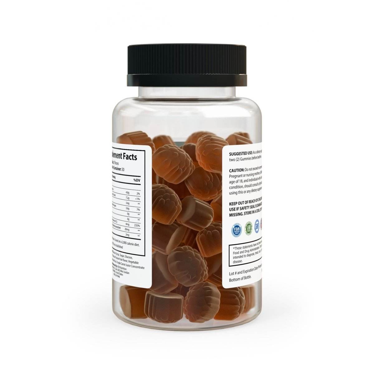 Printify bottle of non-GMO sleep gummies supplements with clear container and black lid