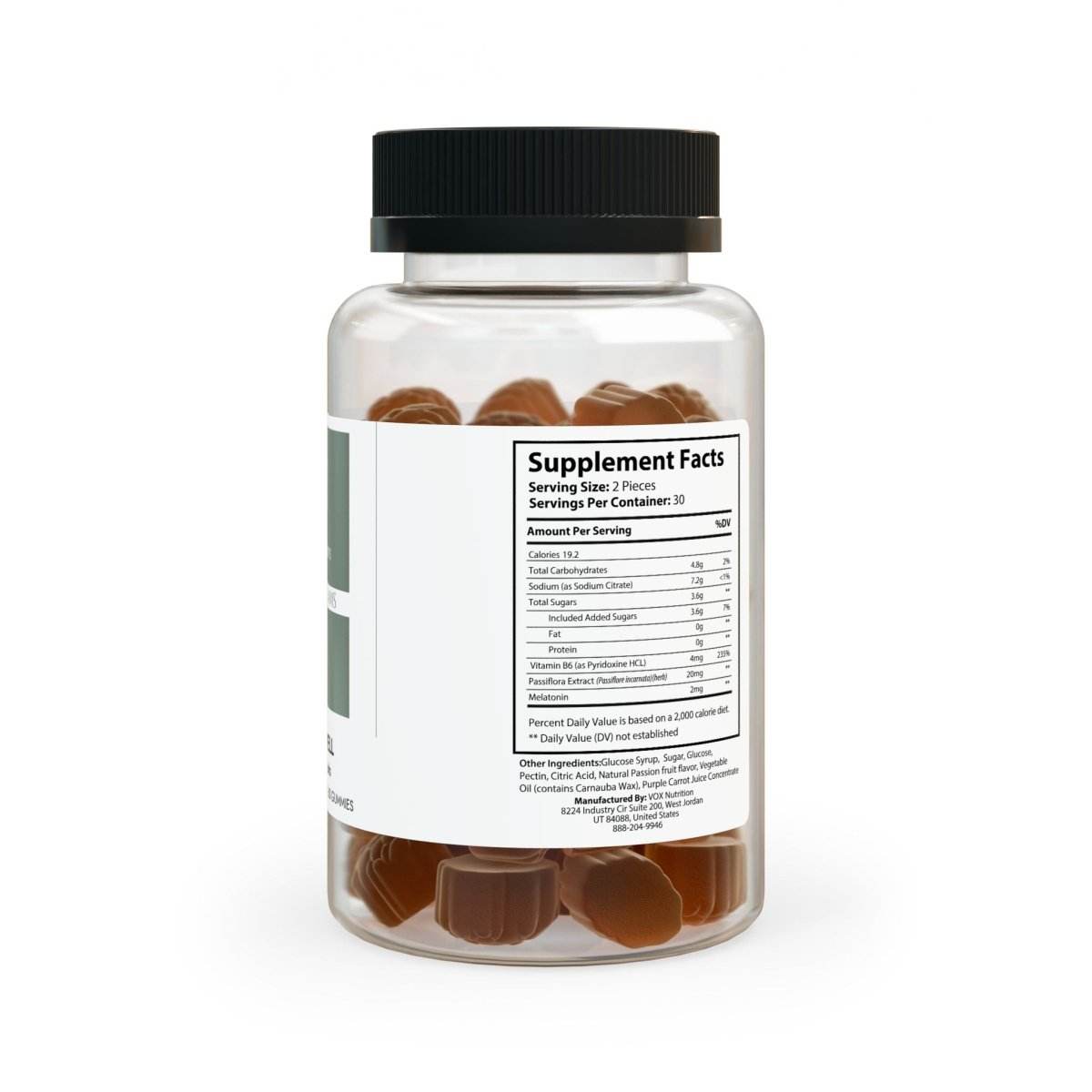 Clear bottle of Printify non-GMO sleep gummies showing supplement facts label and brown gummies inside
