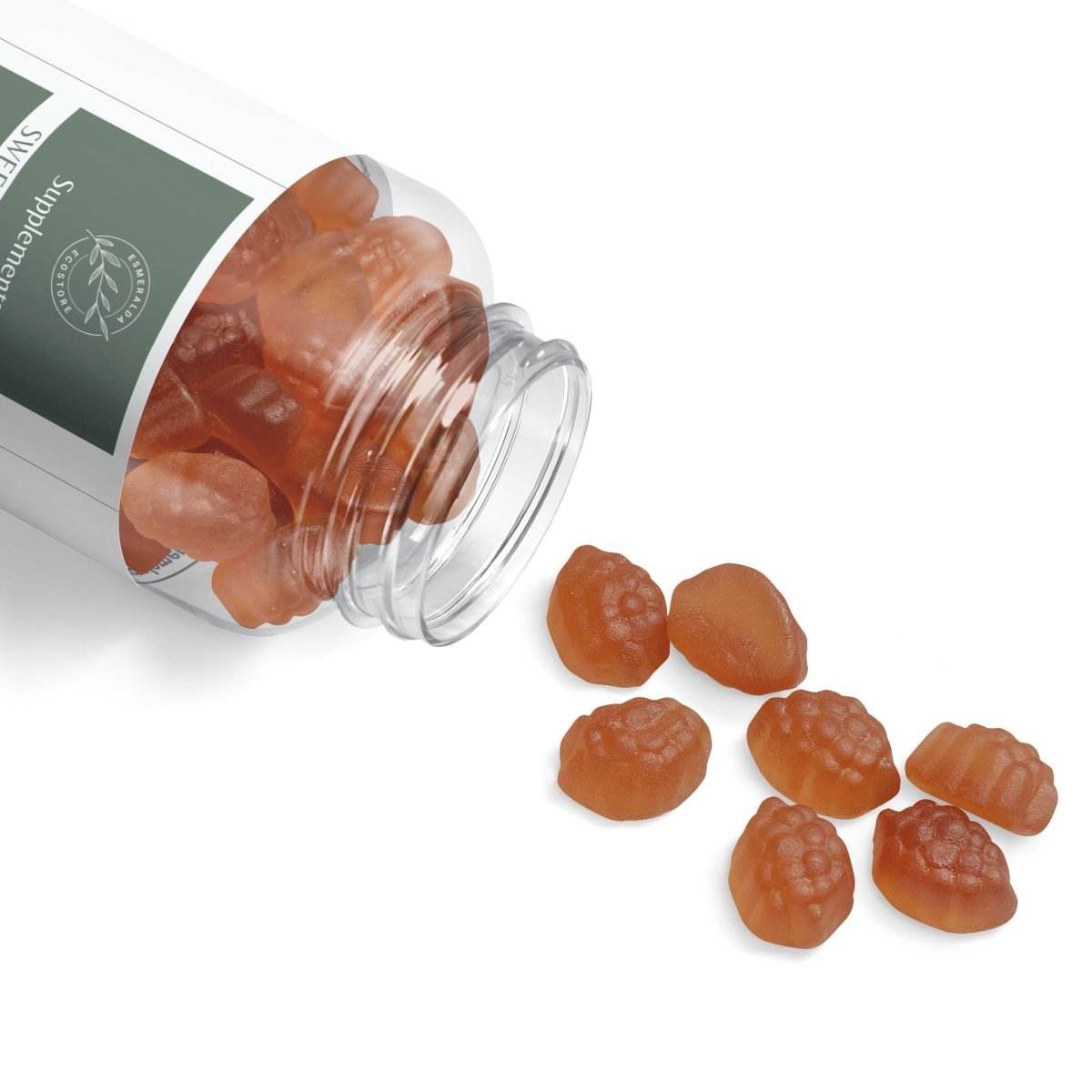 Printify non-GMO sleep gummies in a clear bottle with some gummies spilled out on a white surface