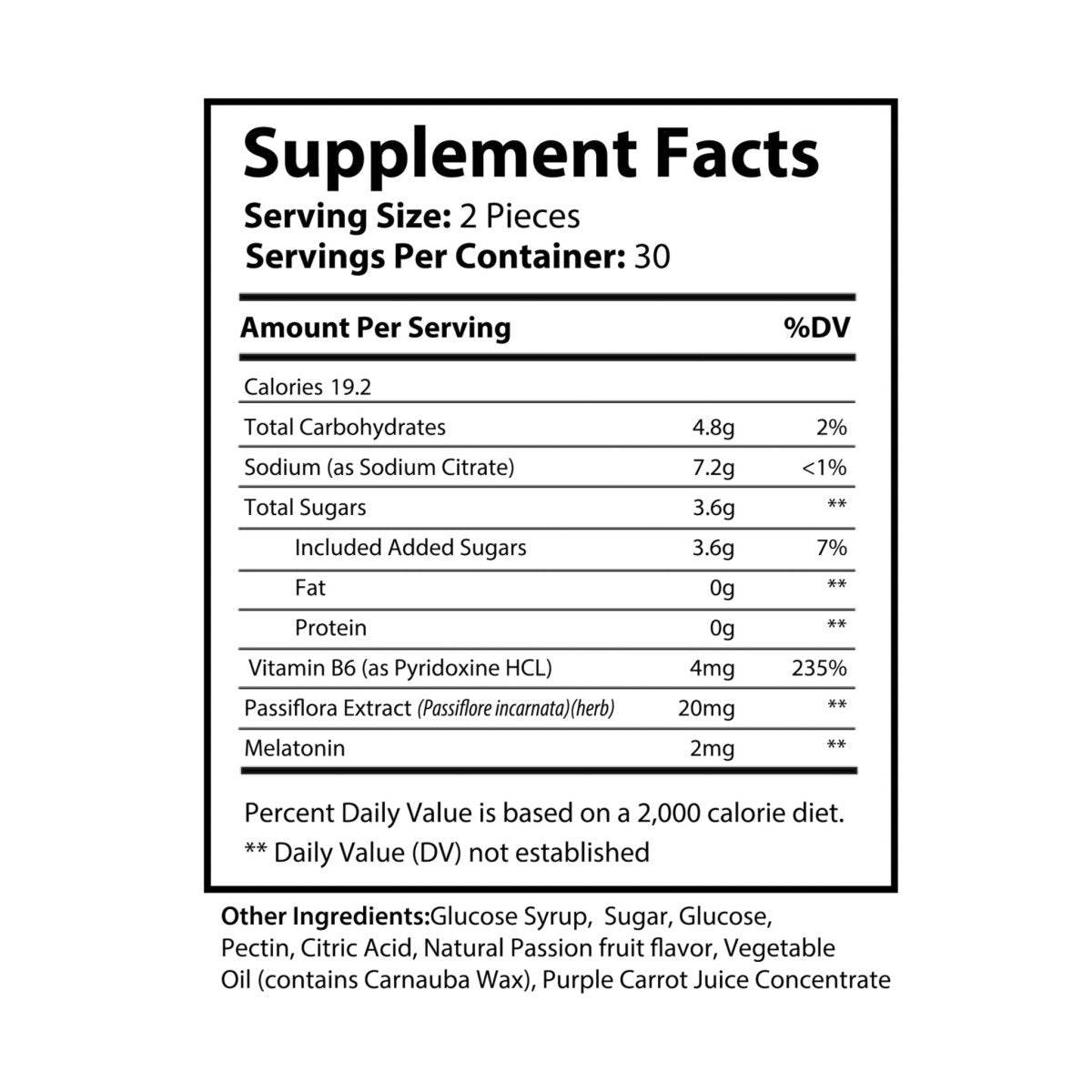 Supplement facts label for non-GMO sleep gummies showing ingredients and nutritional information