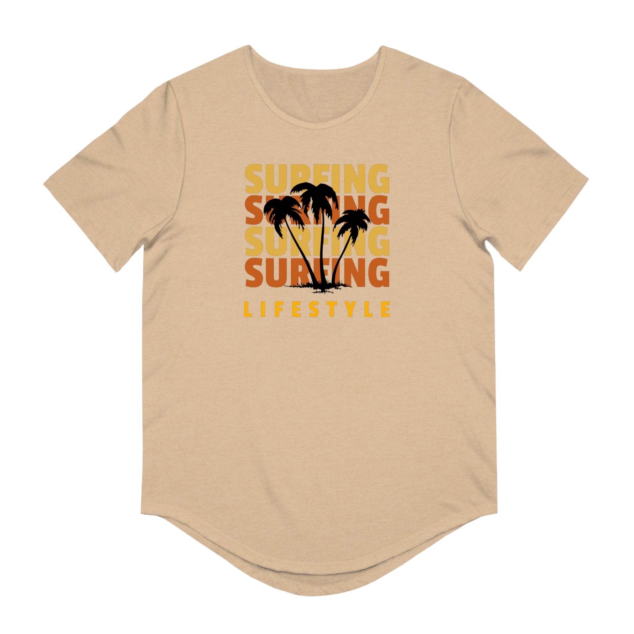 Printify eco friendly surfing t shirt beige with palm tree graphic and surfing lifestyle text