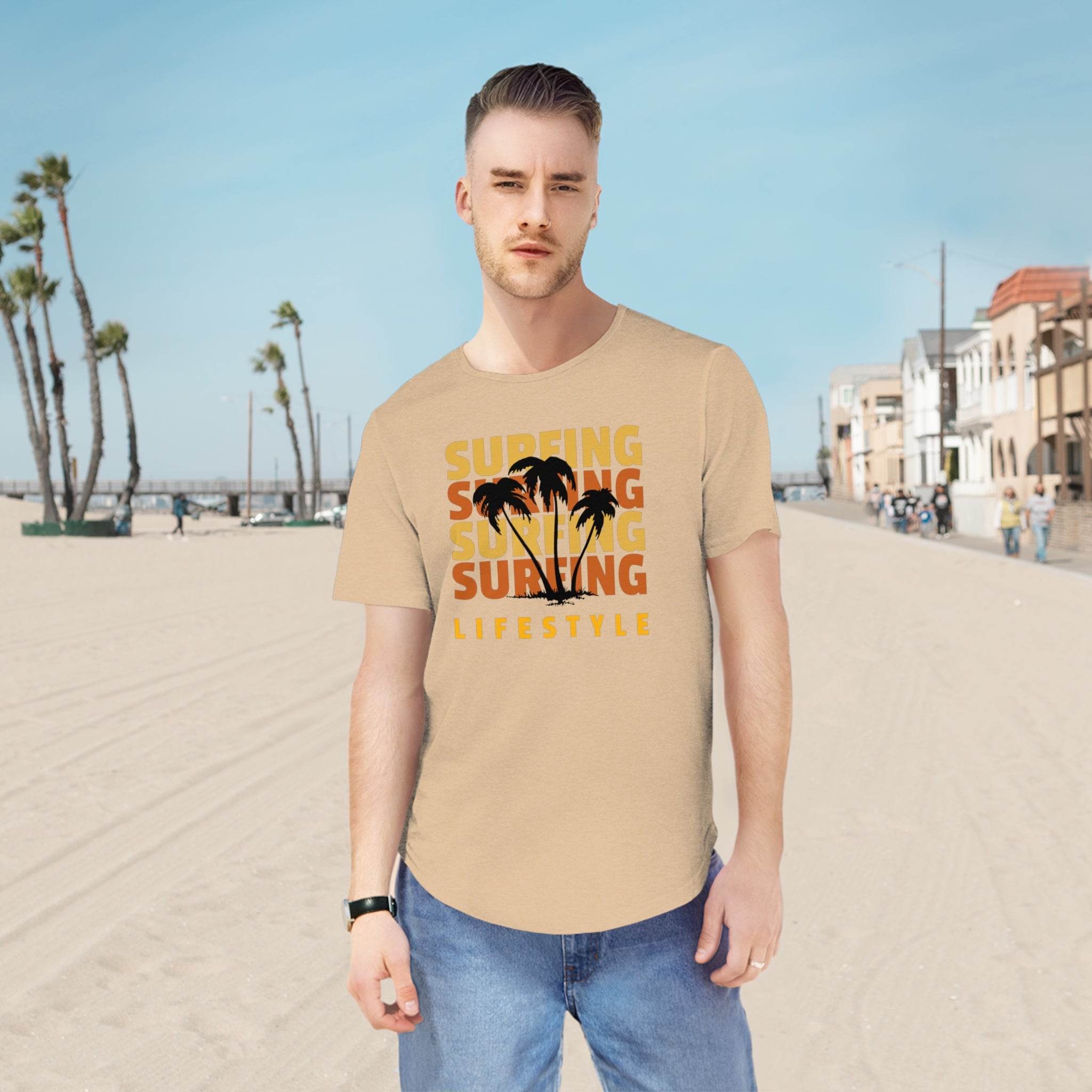 Printify eco friendly surfing t shirt in beige with palm tree graphic worn at the beach