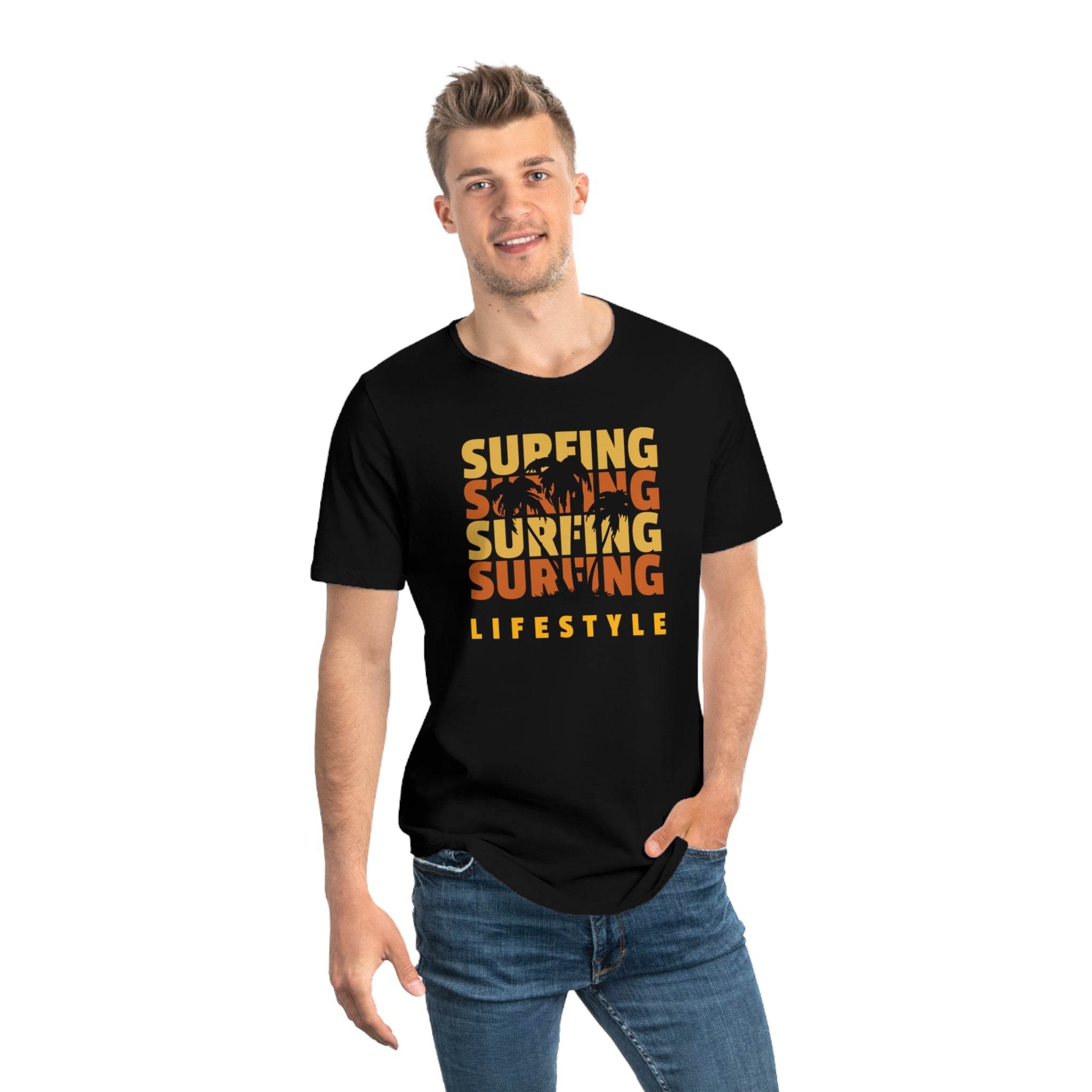 Eco friendly surfing t shirt by Printify black tee with orange surfing lifestyle graphic