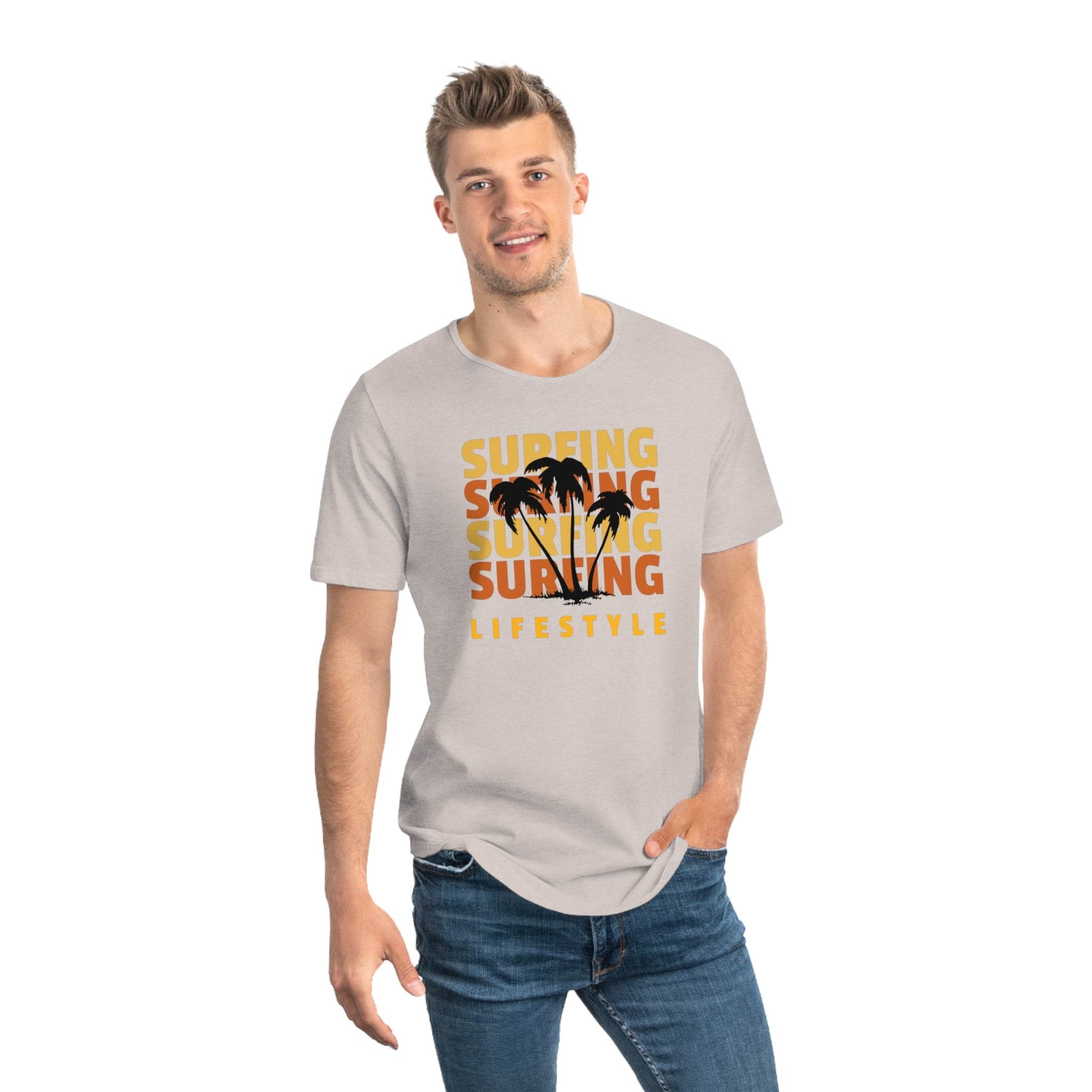 Printify eco friendly surfing t shirt with palm tree graphic in orange and yellow tones